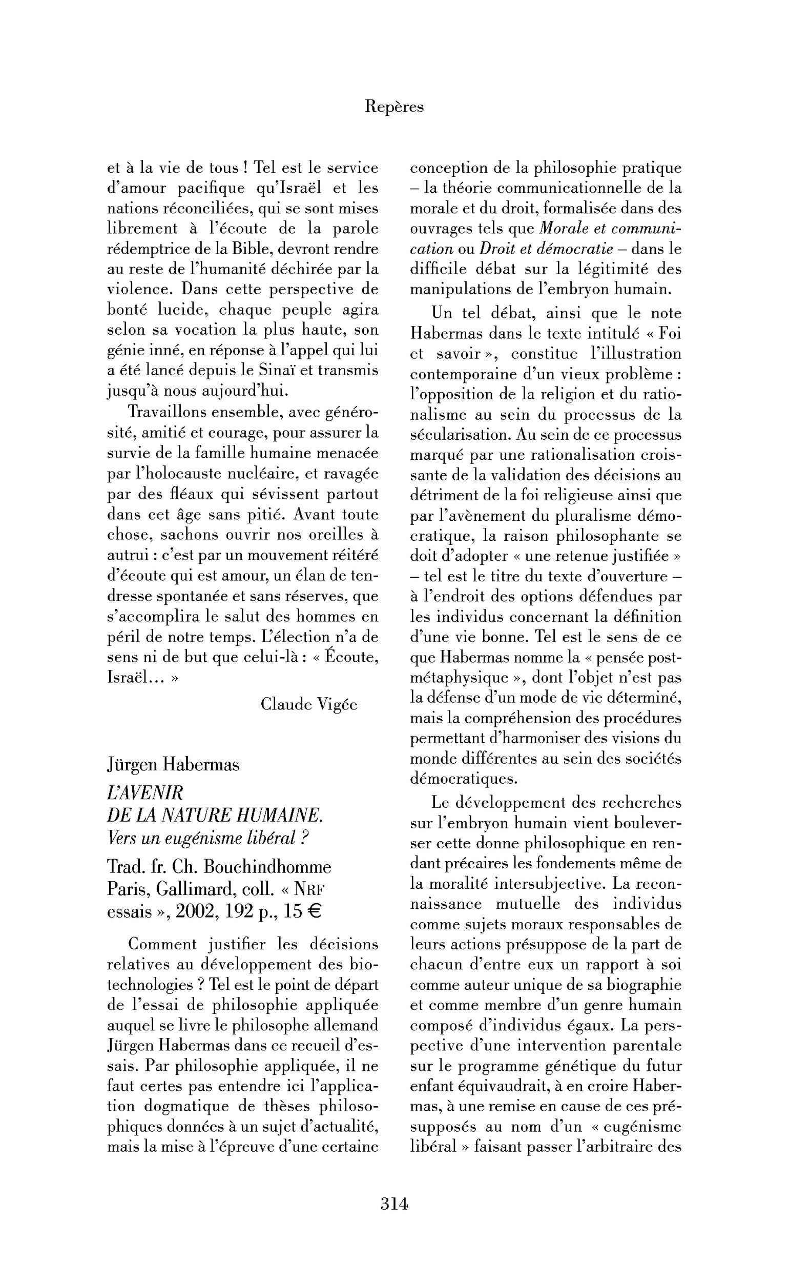 Jürgen Habermas: l’Avenir de la nature humaine.