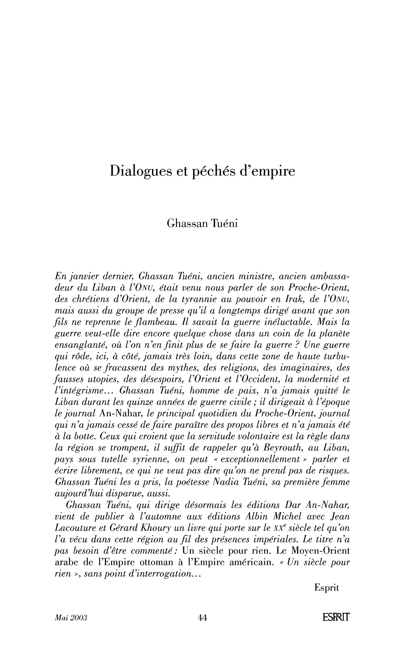 Dialogues et péchés d’empire