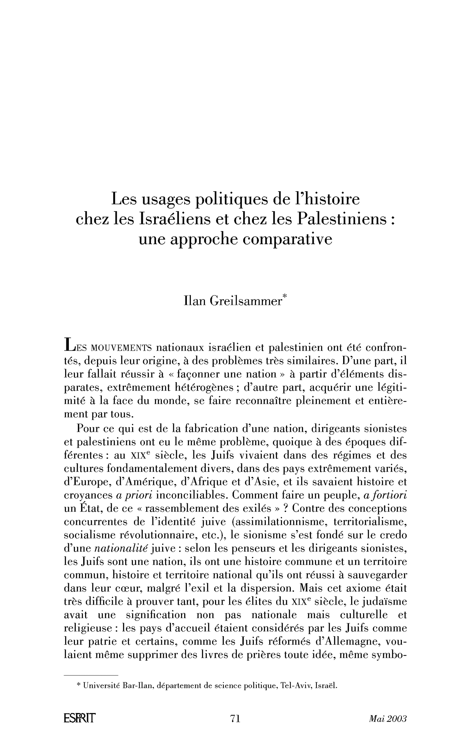 Les usages politiques de l’histoire chez les Israéliens et chez les Palestiniens: une approche comparative