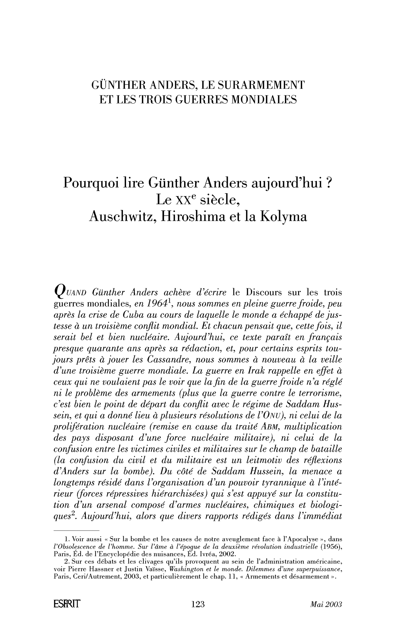 Introduction. Pourquoi lire Günther Anders aujourd’hui? Le XXe siècle, Auschwitz, Hiroshima et la Kolyma