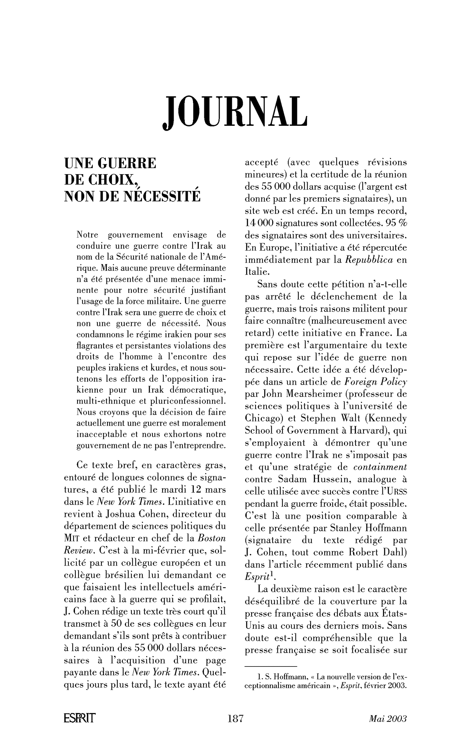 Une guerre de choix, non de nécessité