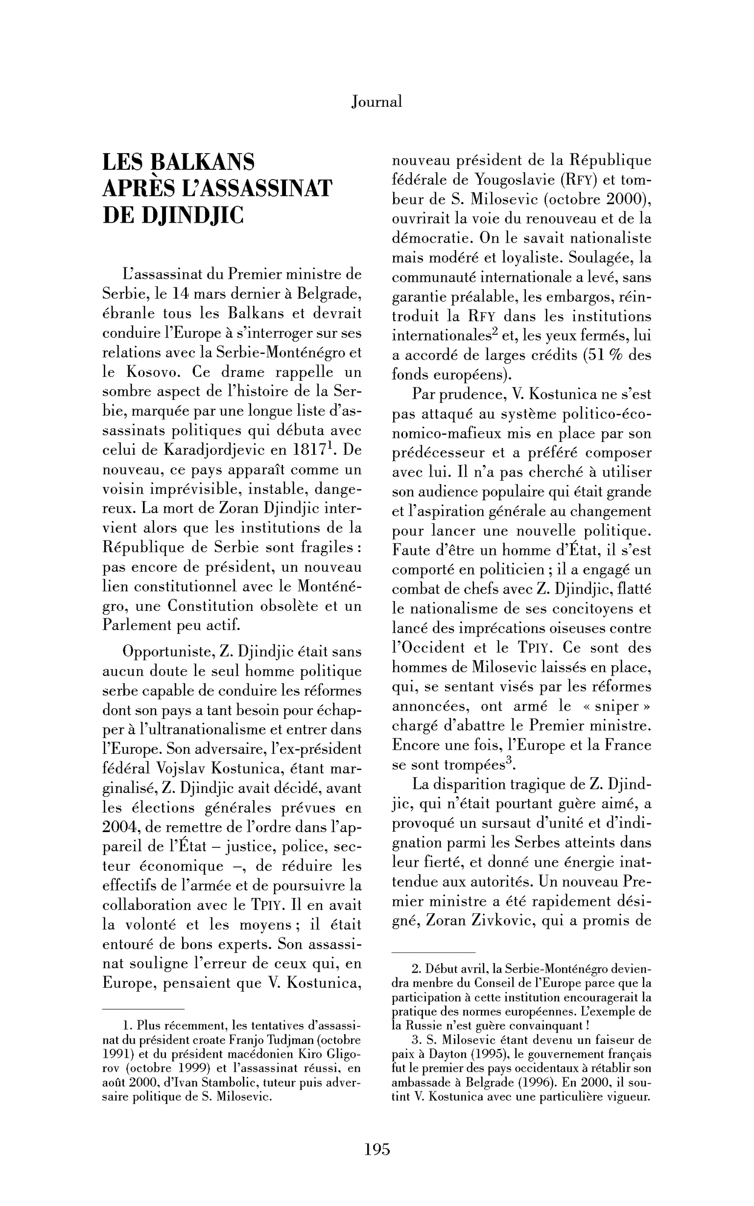 Les Balkans après l’assassinat de Djindjic