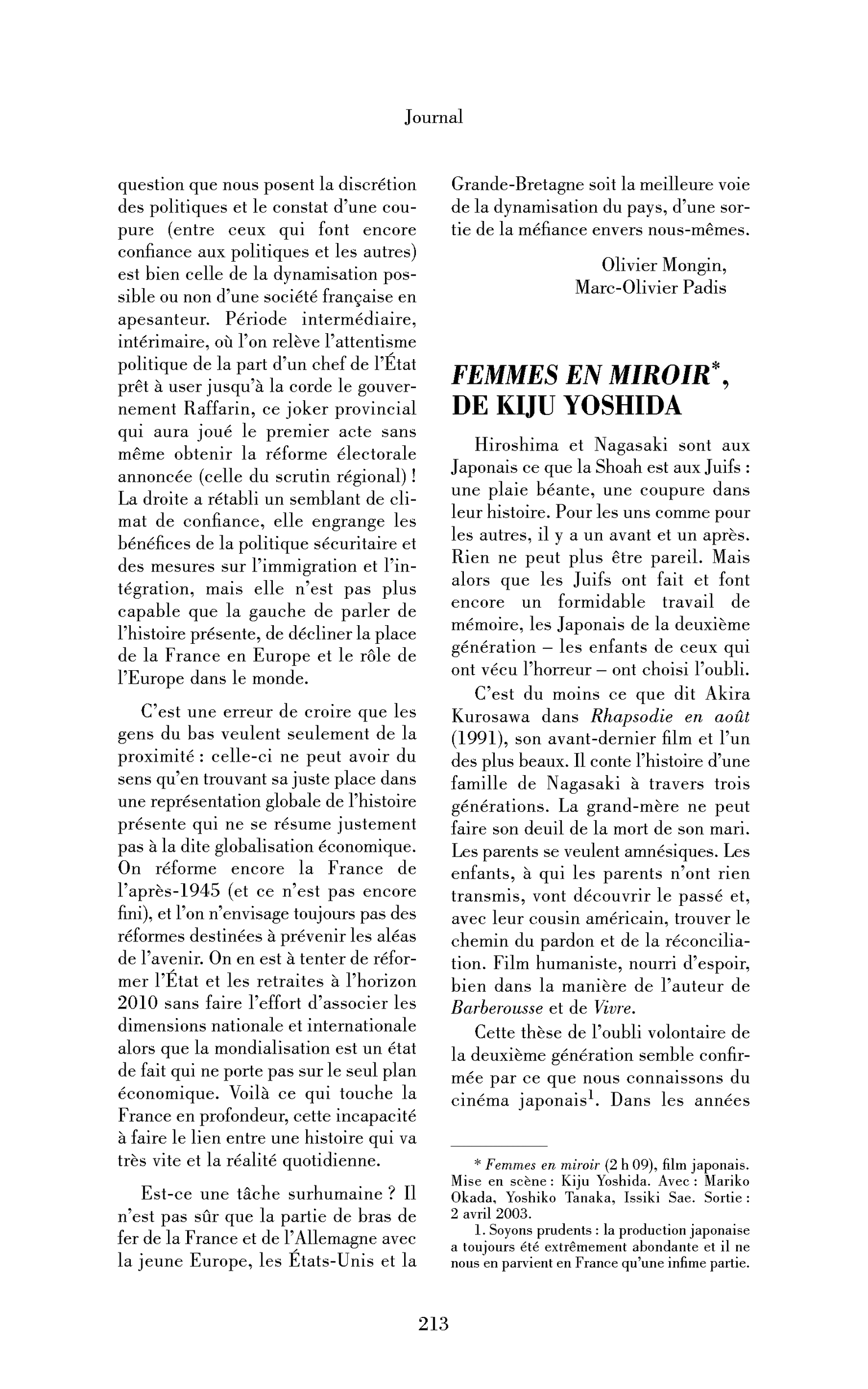 Femmes en miroir, de Kiju Yoshida