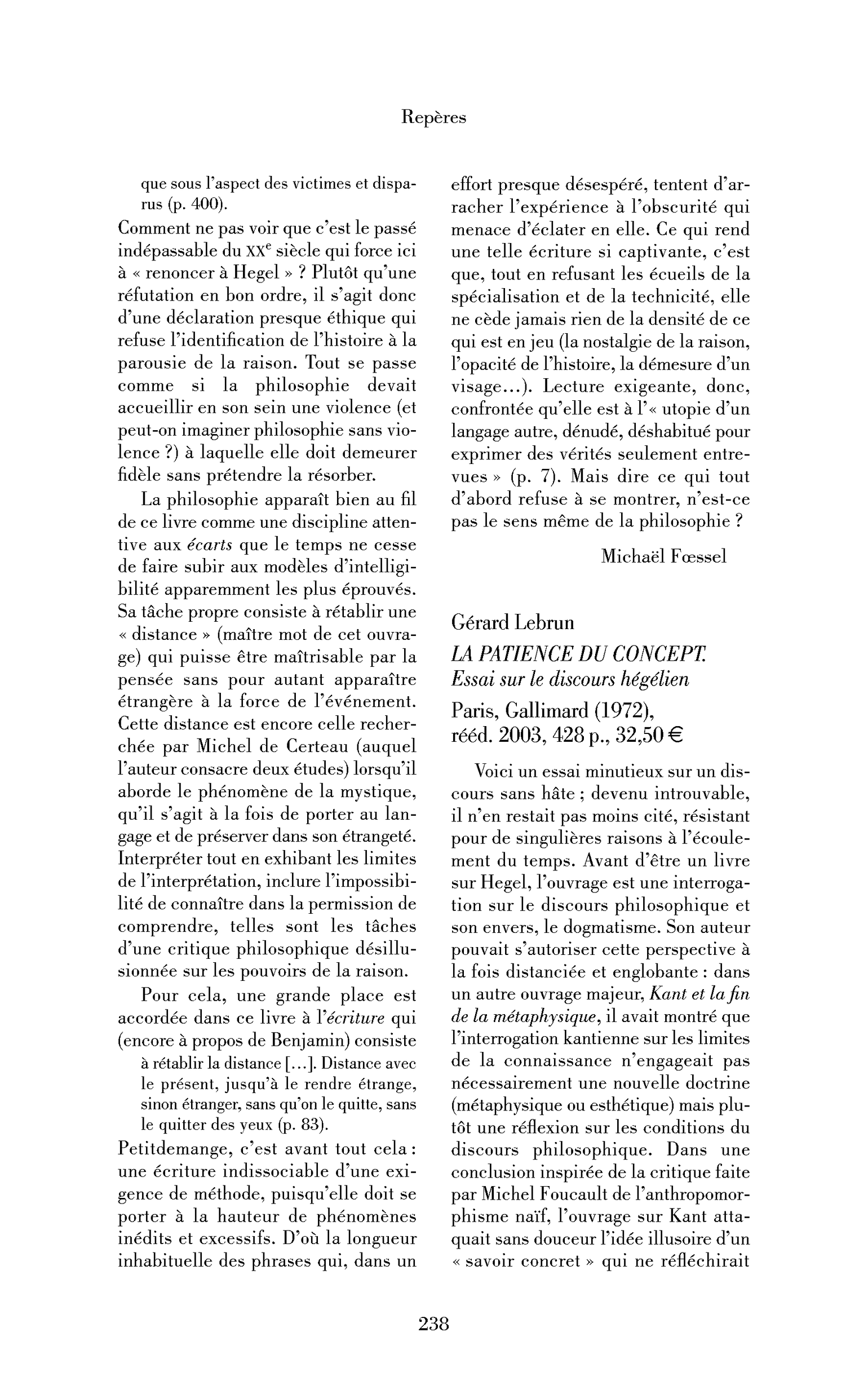 Gérard Lebrun: la Patience du concept. Essai sur le discours hégélien
