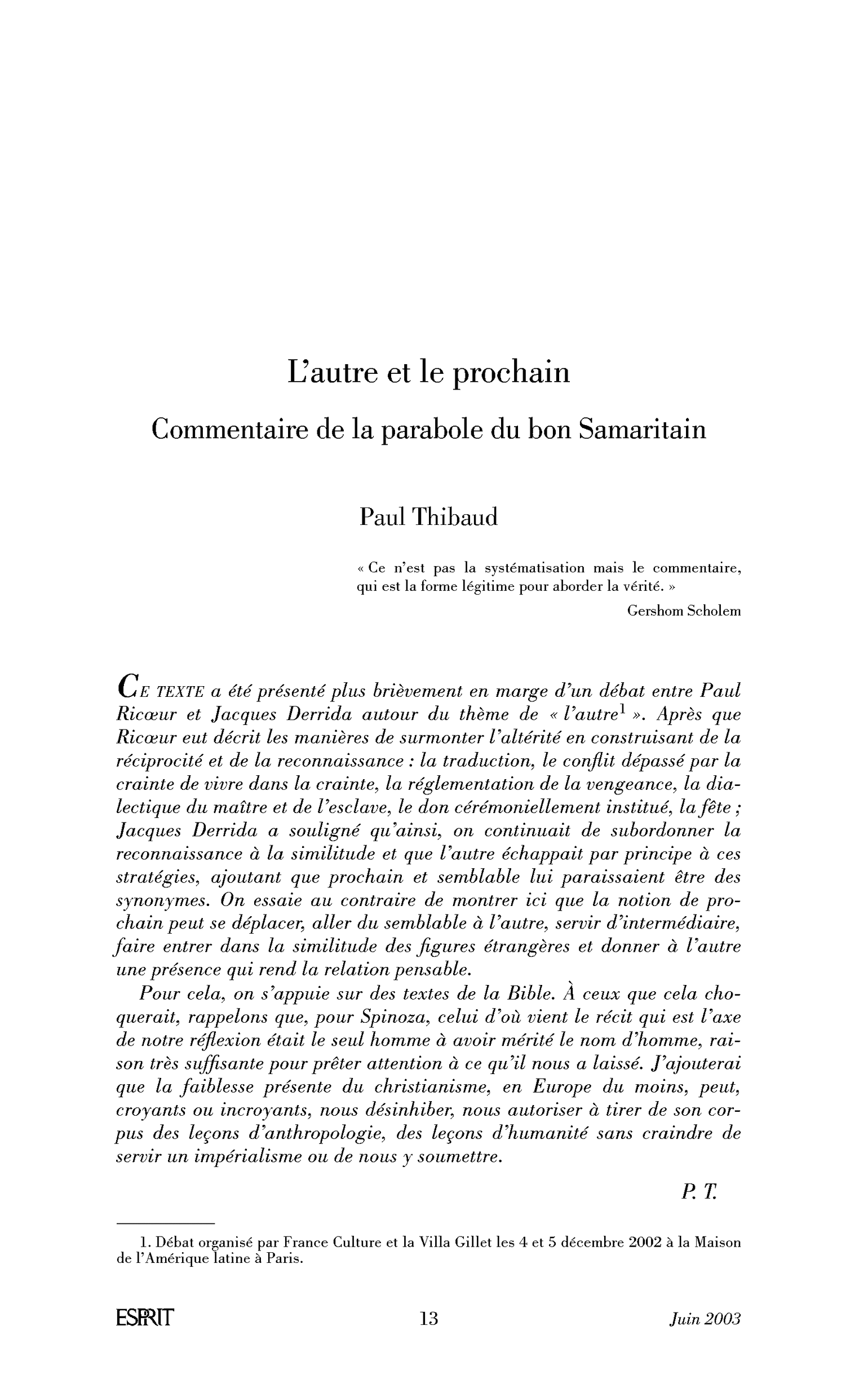 L’autre et le prochain. Commentaire sur la parabole du bon Samaritain