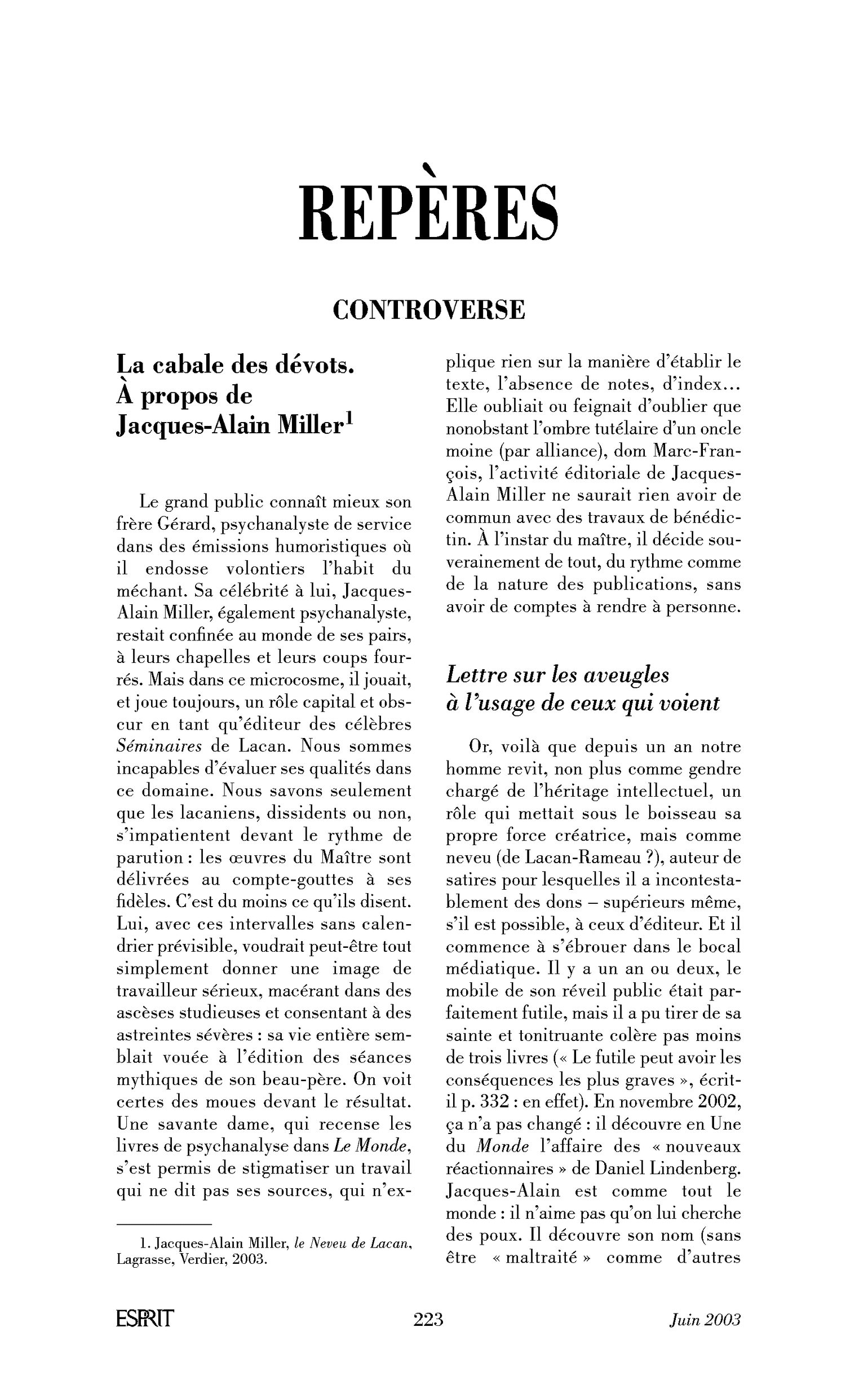 La cabale des dévots. À propos de Jacques-Alain Miller