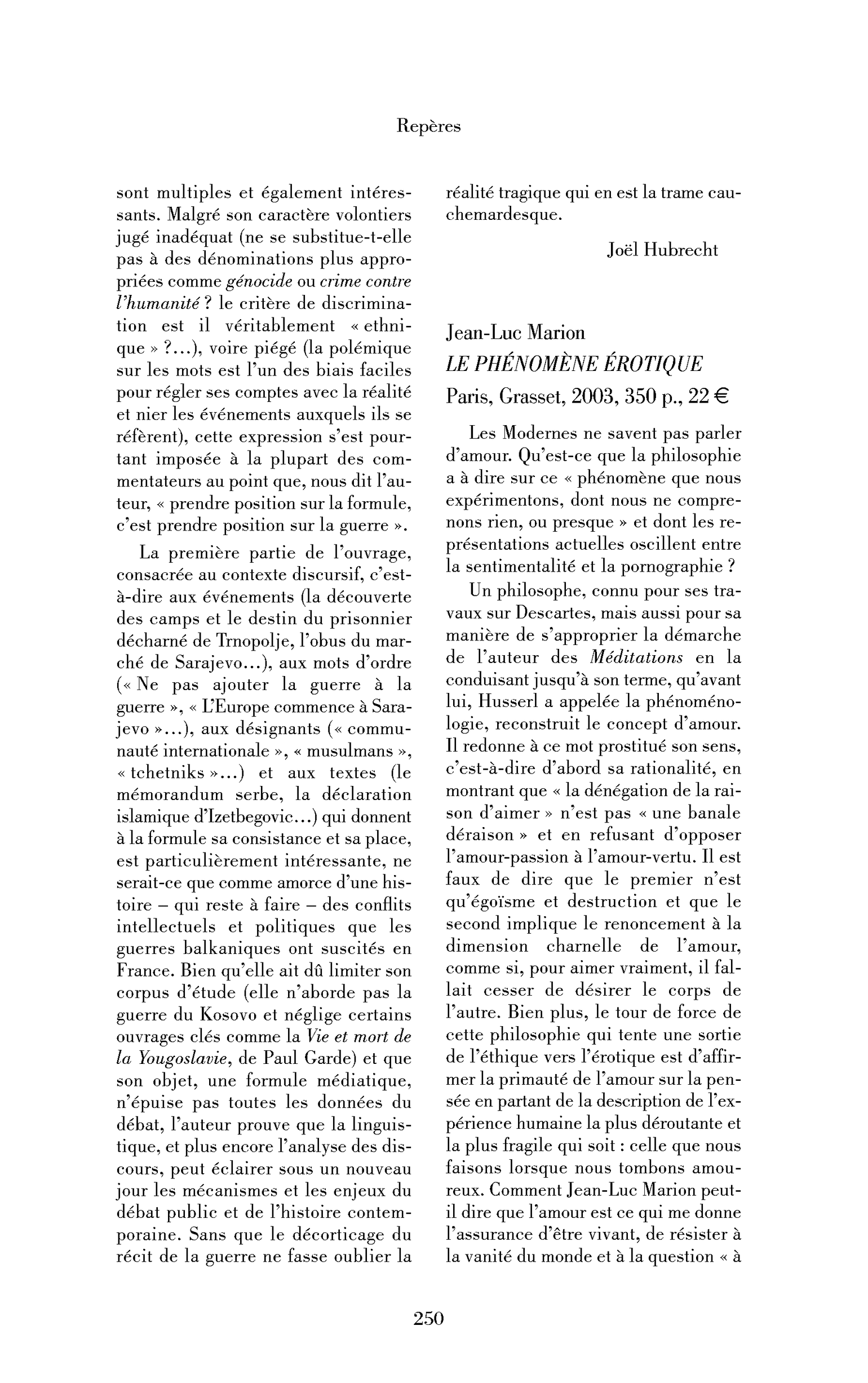 Jean-Luc Marion: le Phénomène érotique