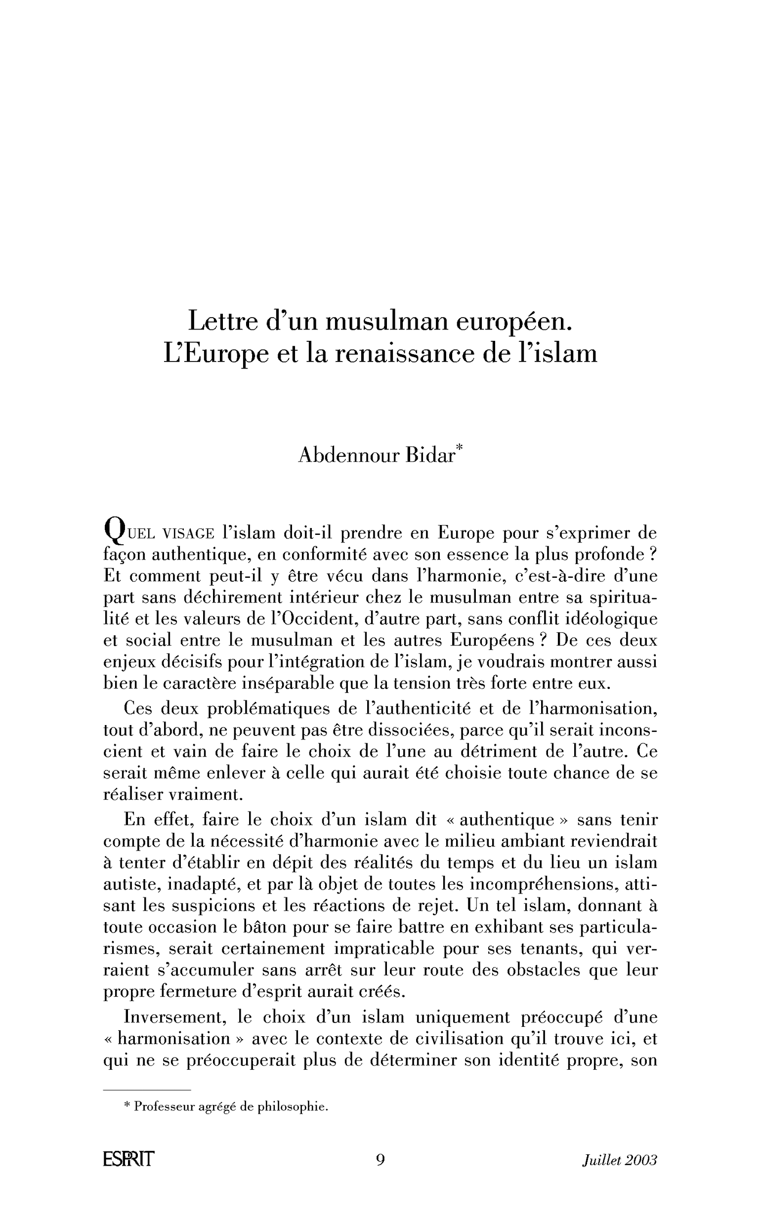 Lettre d’un musulman européen. L’Europe et la renaissance de l’islam