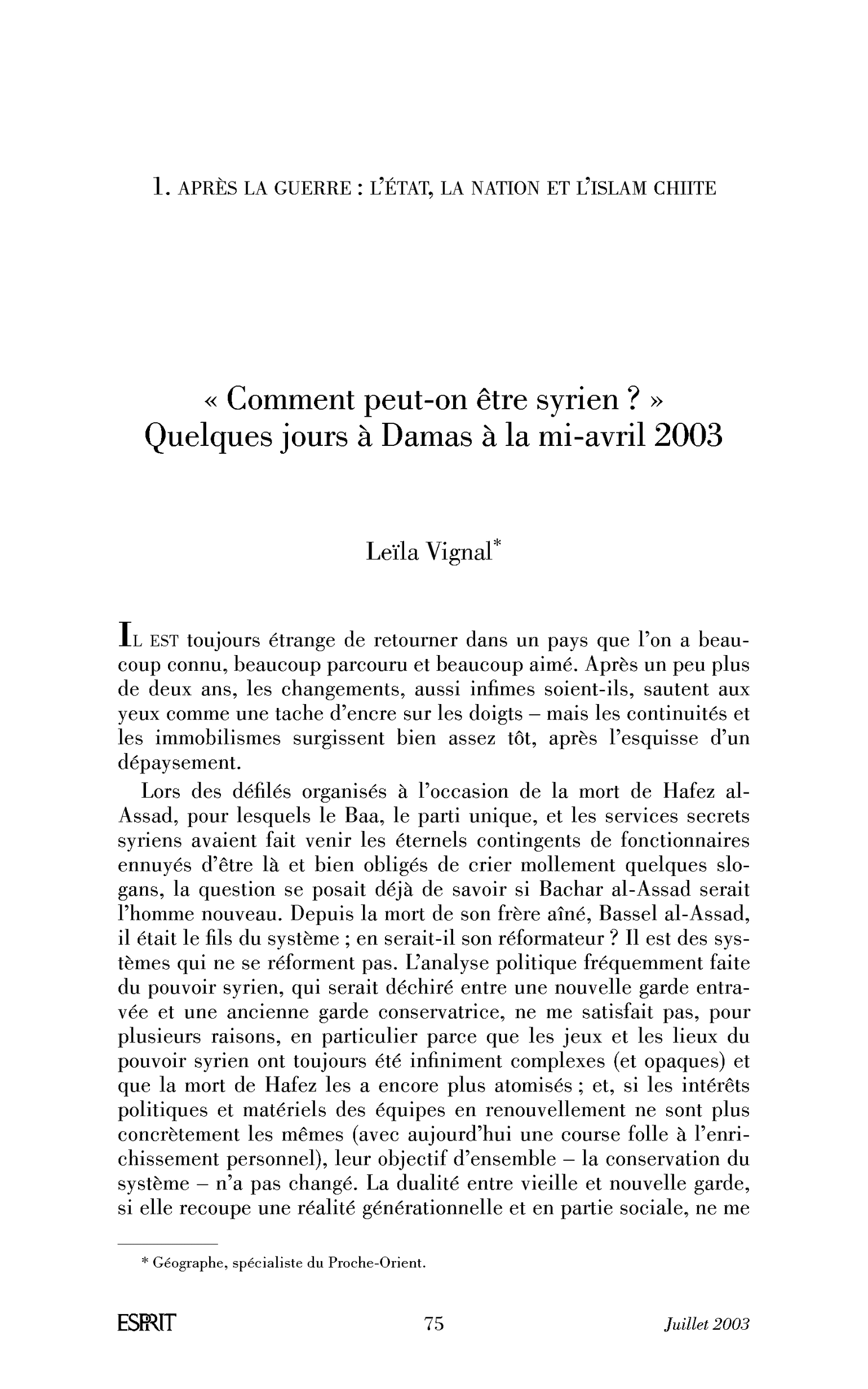 « Comment peut-on être syrien? » Quelques jours à Damas à la mi-avril 2003