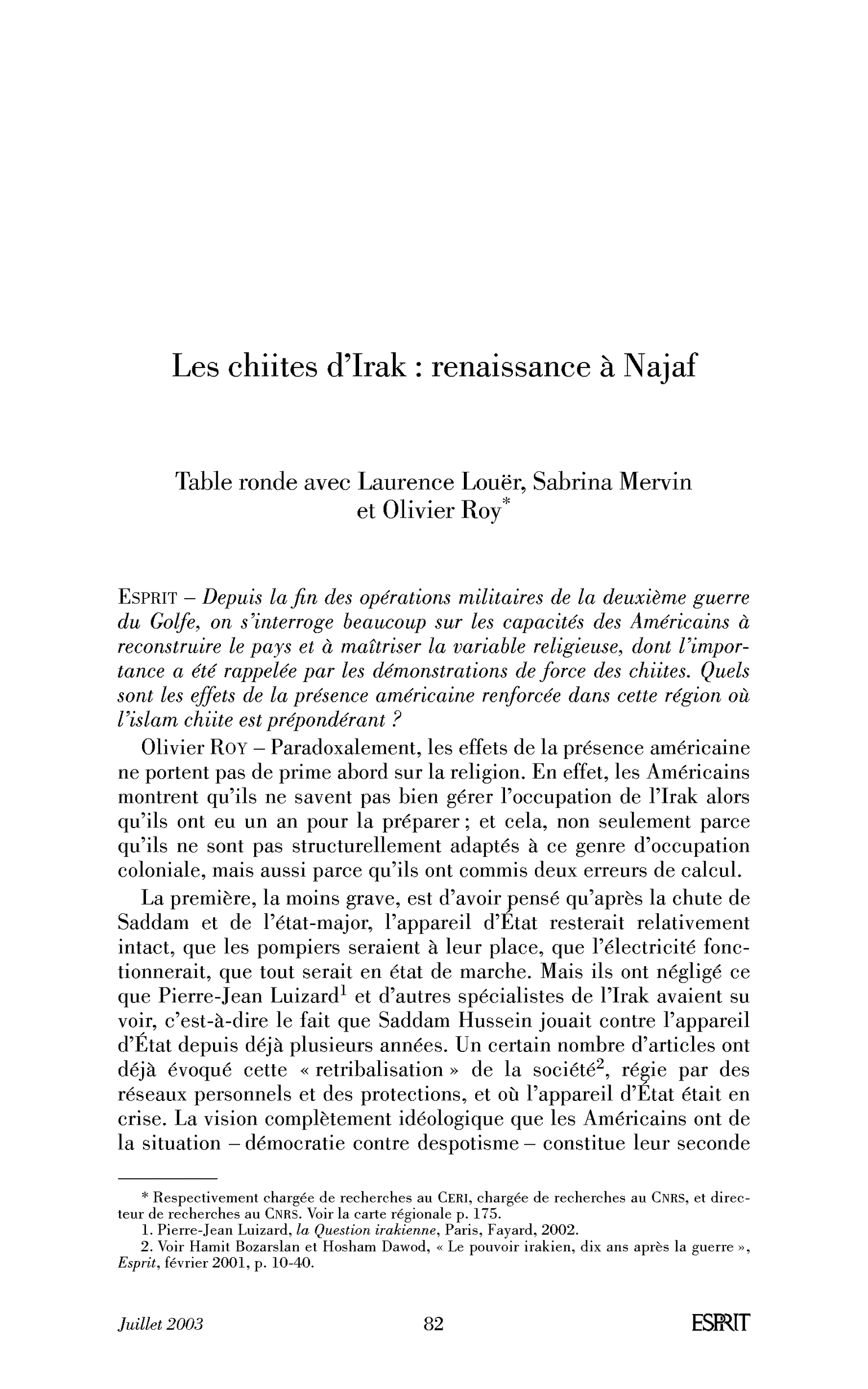 Les chiites d’Irak: renaissance à Najaf. (Table ronde)