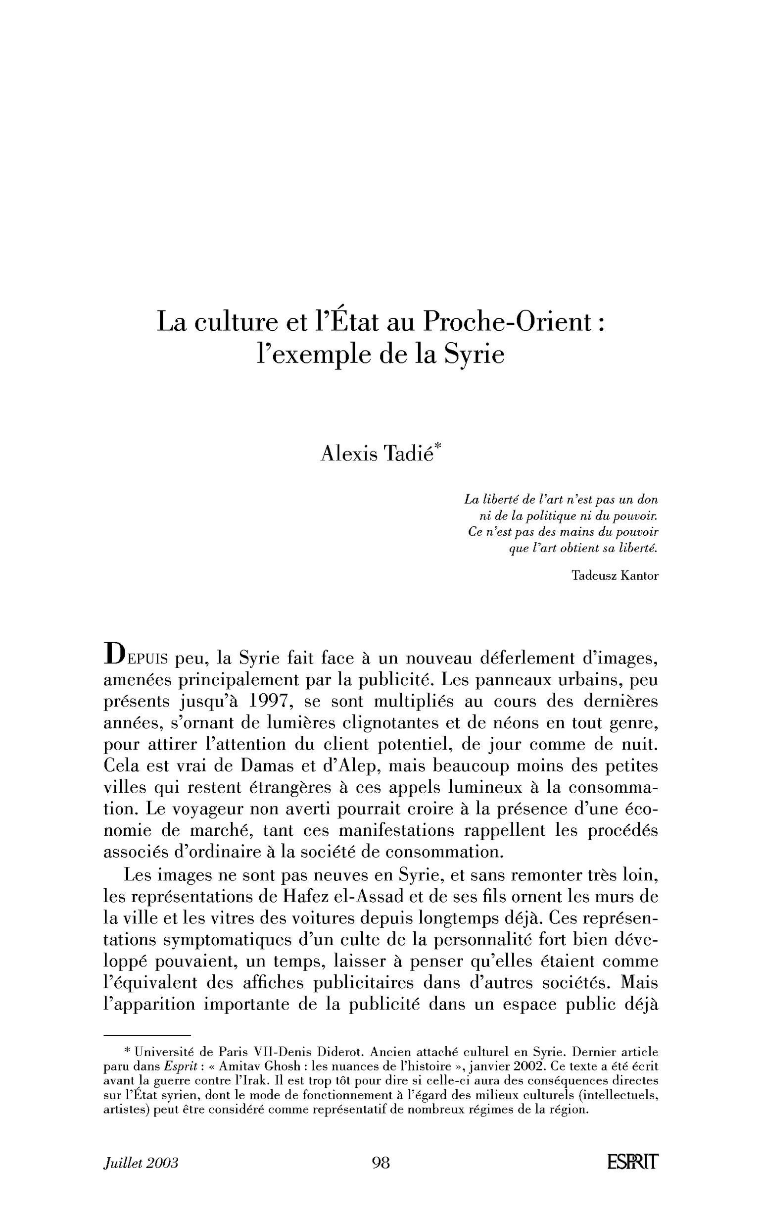 La culture et l’État au Proche-Orient: l’exemple de la Syrie