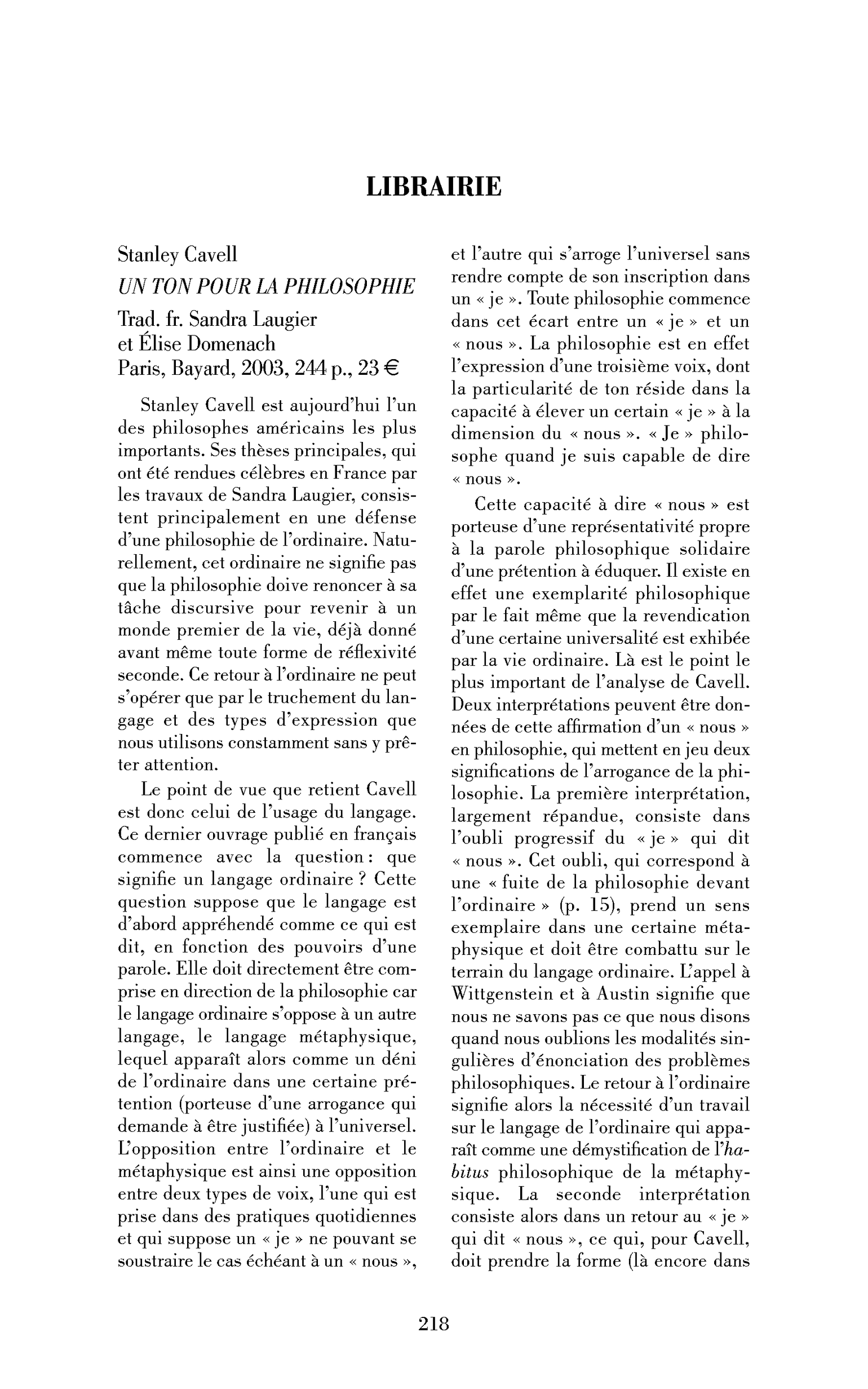 Stanley Cavell: Un ton pour la philosophie