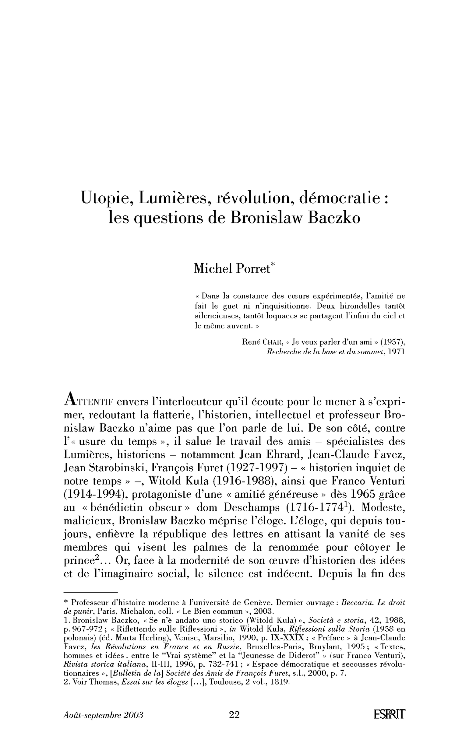Utopie, Lumières, révolution, démocratie: les questions de Bronislaw Baczko