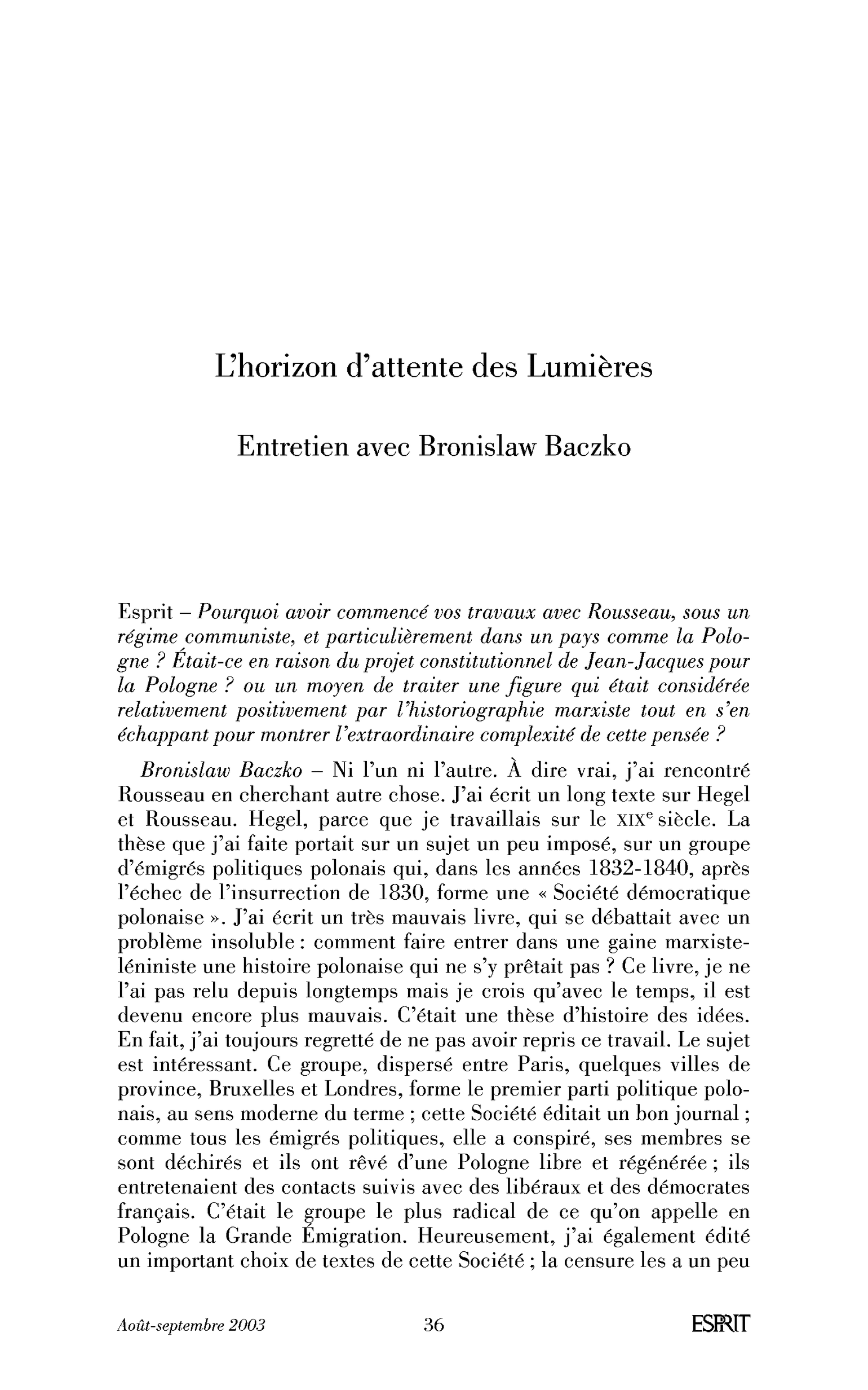L’horizon d’attente des Lumières. (Entretien)