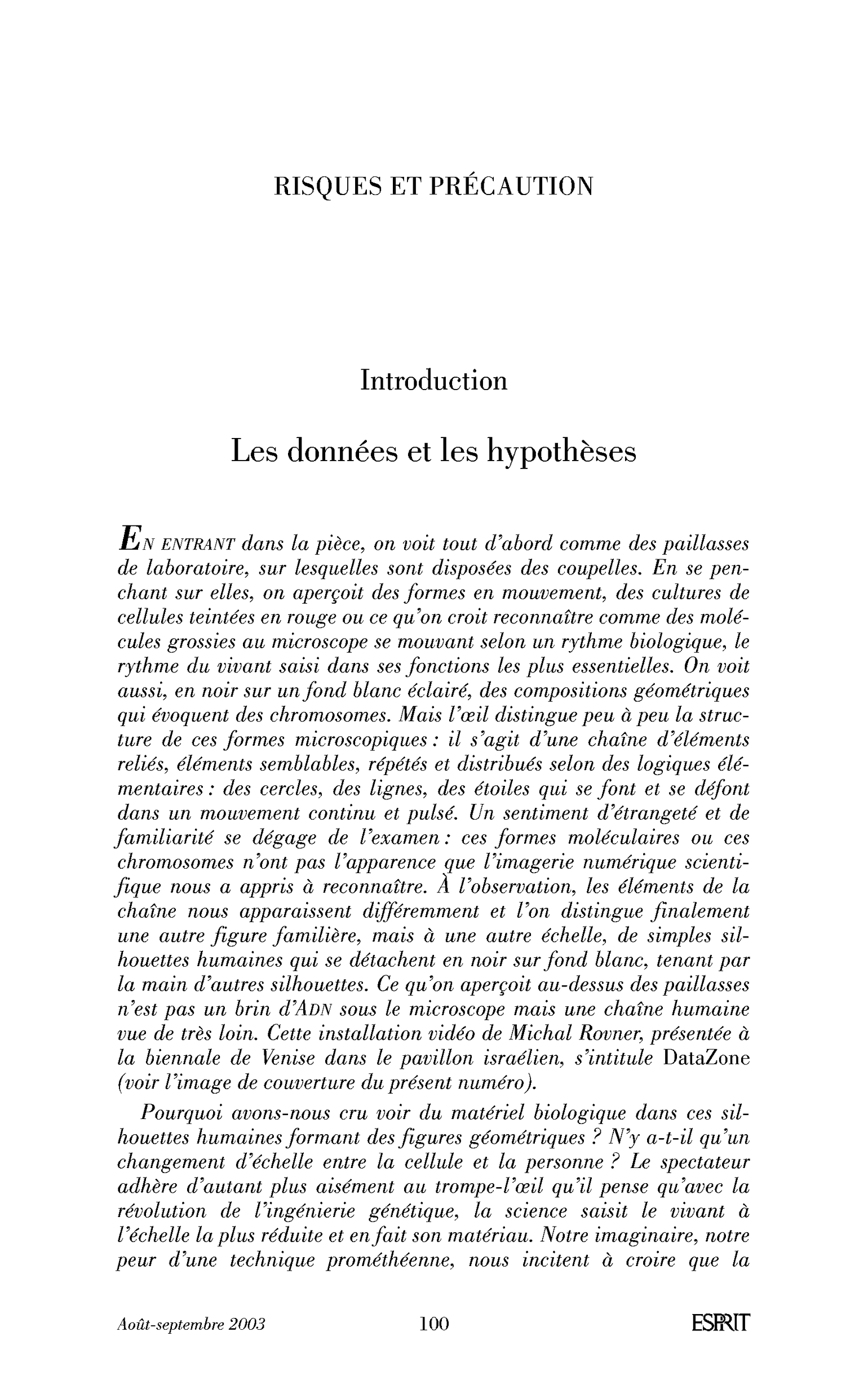 Introduction. Les données et les hypothèses