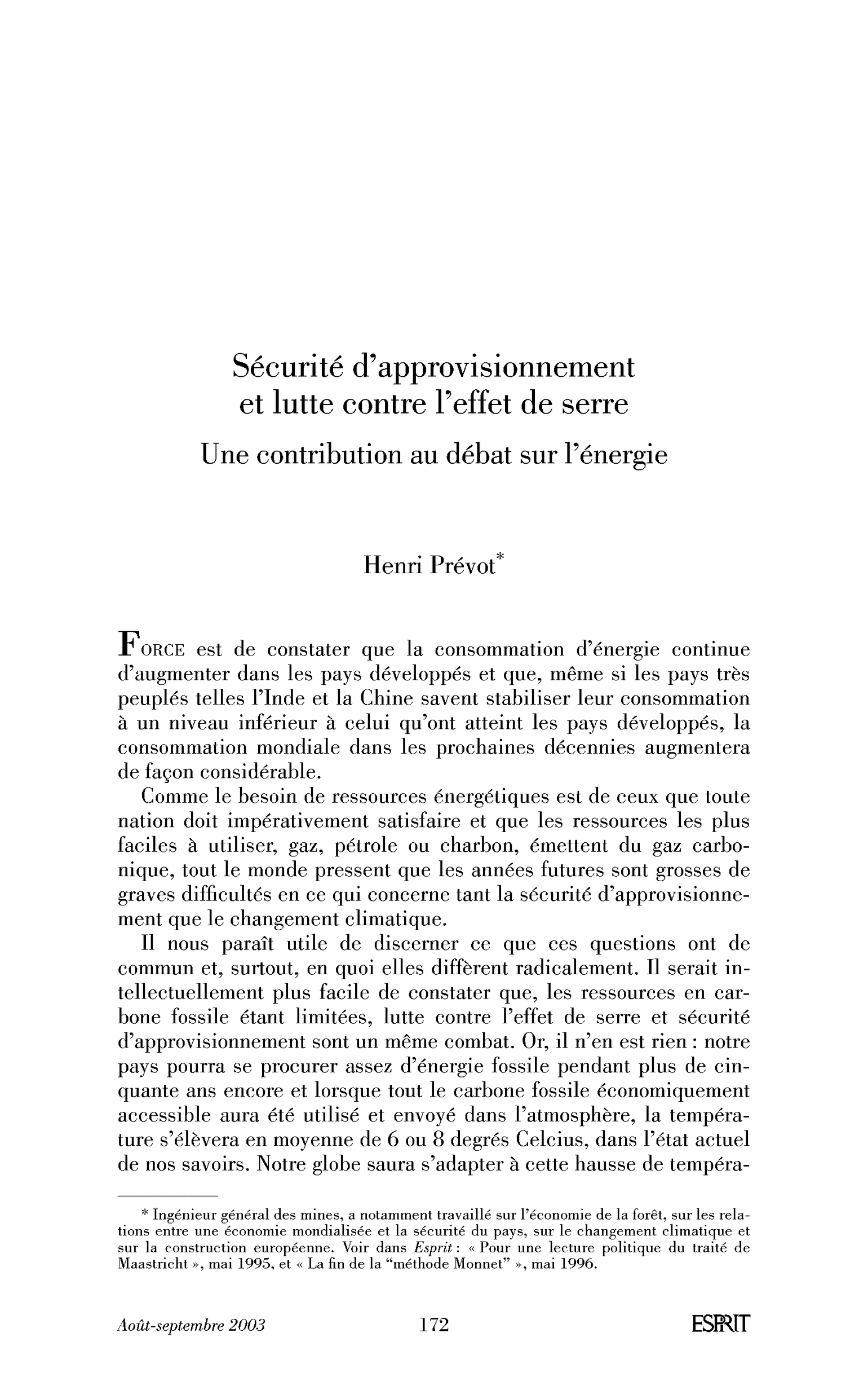 Sécurité d’approvisionnement et lutte contre l’effet de serre. Une contribution au débat sur l’énergie