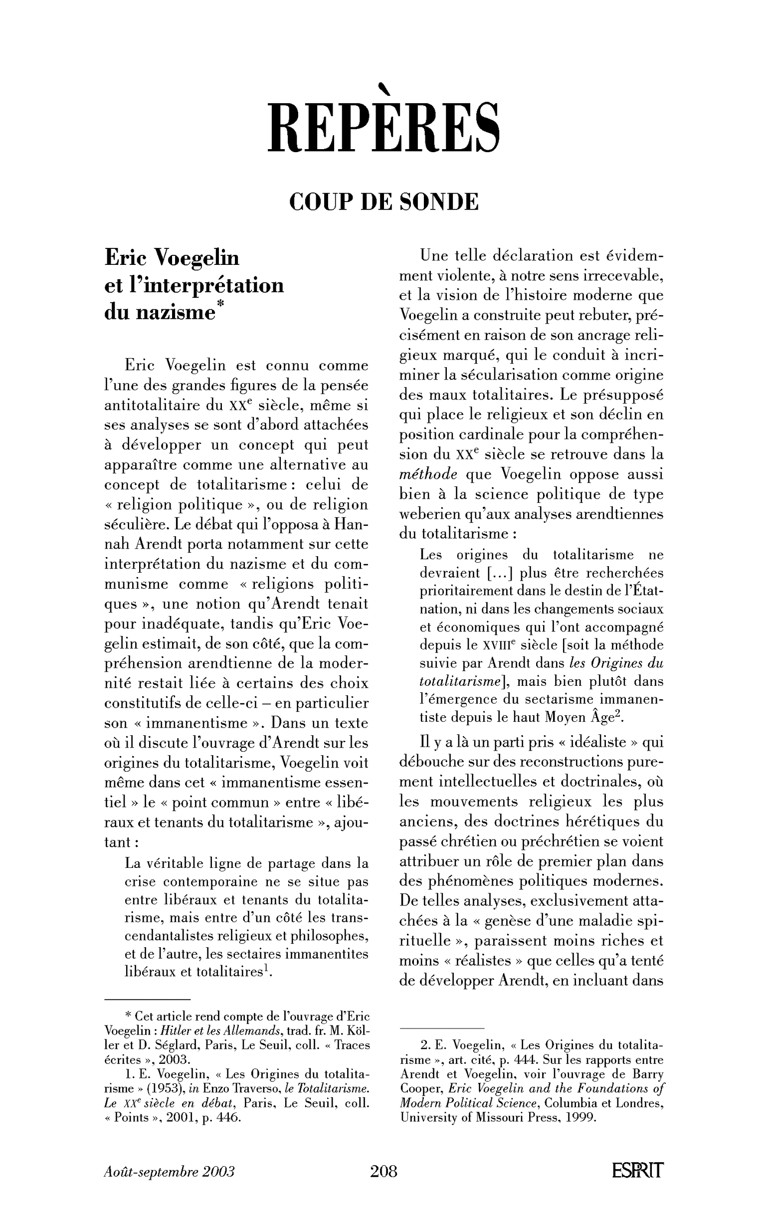 Eric Voegelin et l’interprétation du nazisme