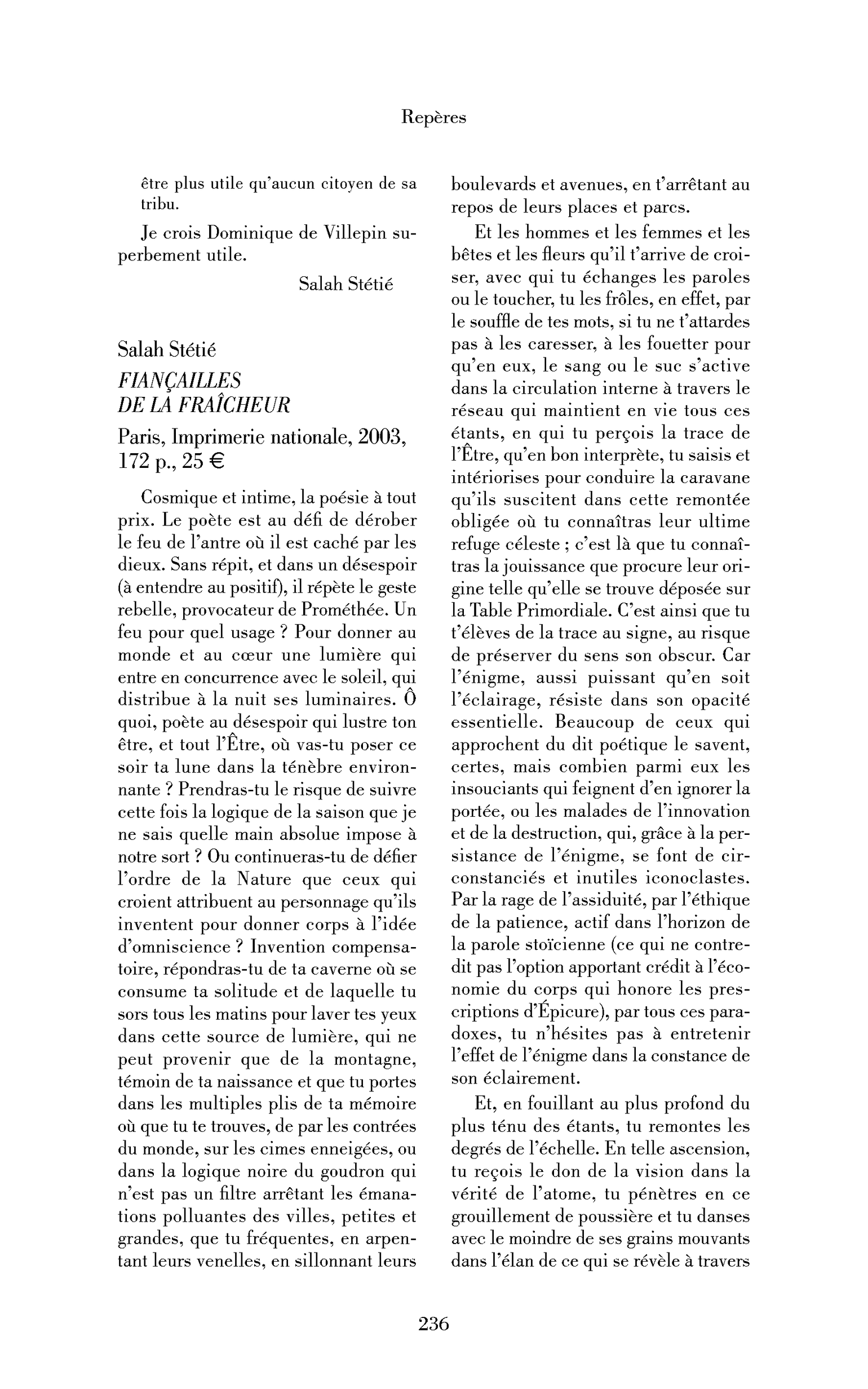 Salah Stétié: Fiançailles de la fraîcheur