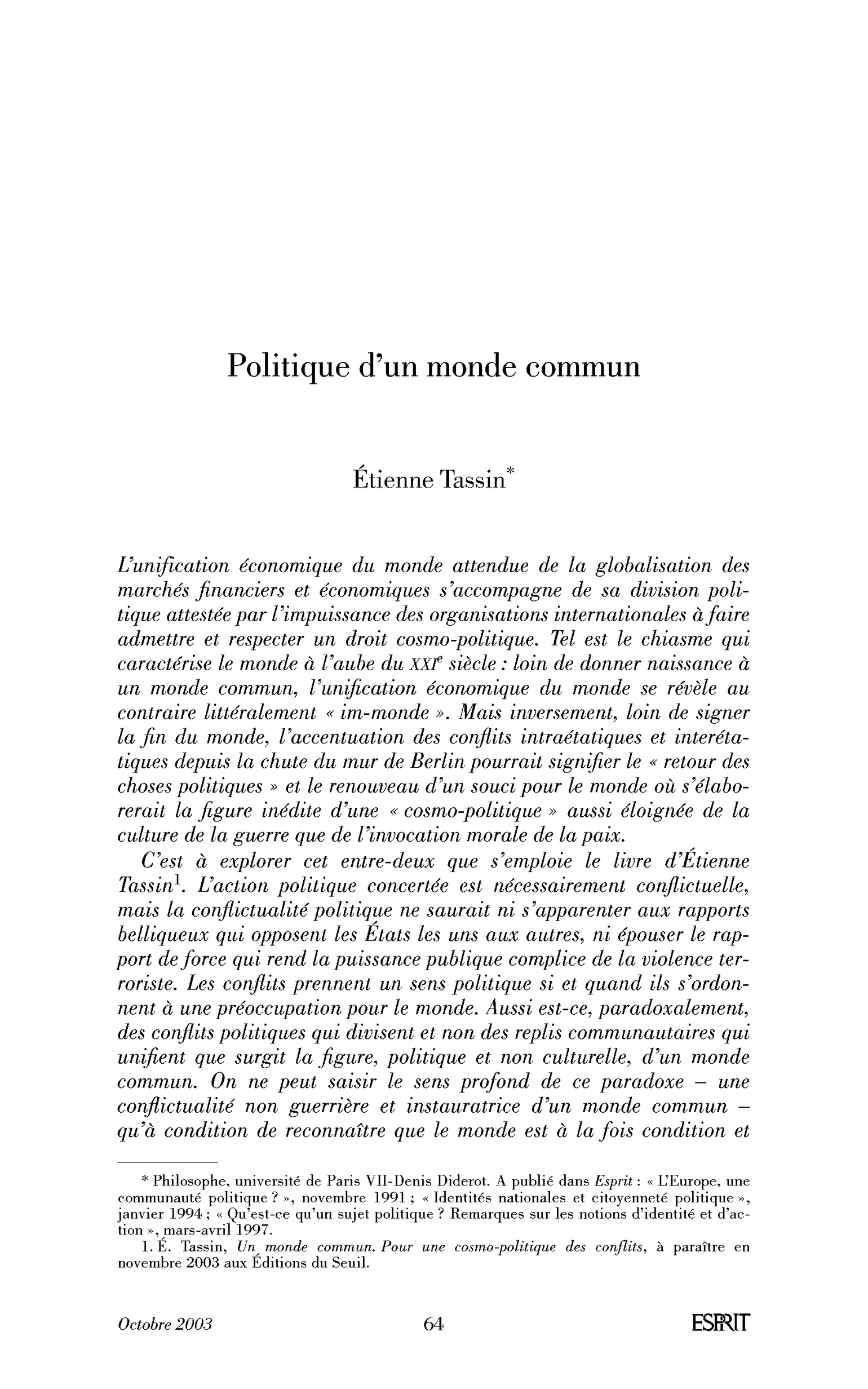 Politique d’un monde commun