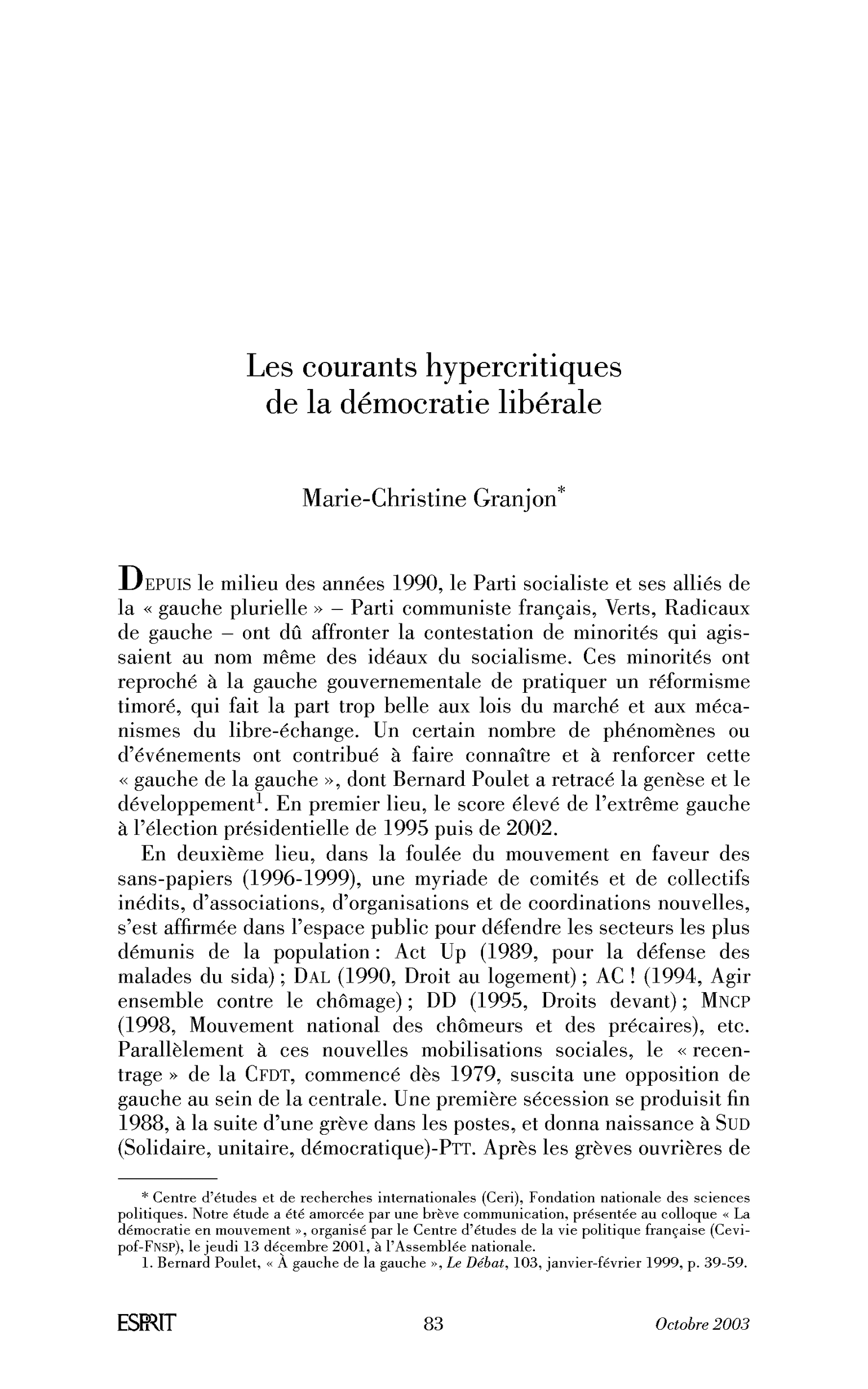 Les courants hypercritiques de la démocratie libérale