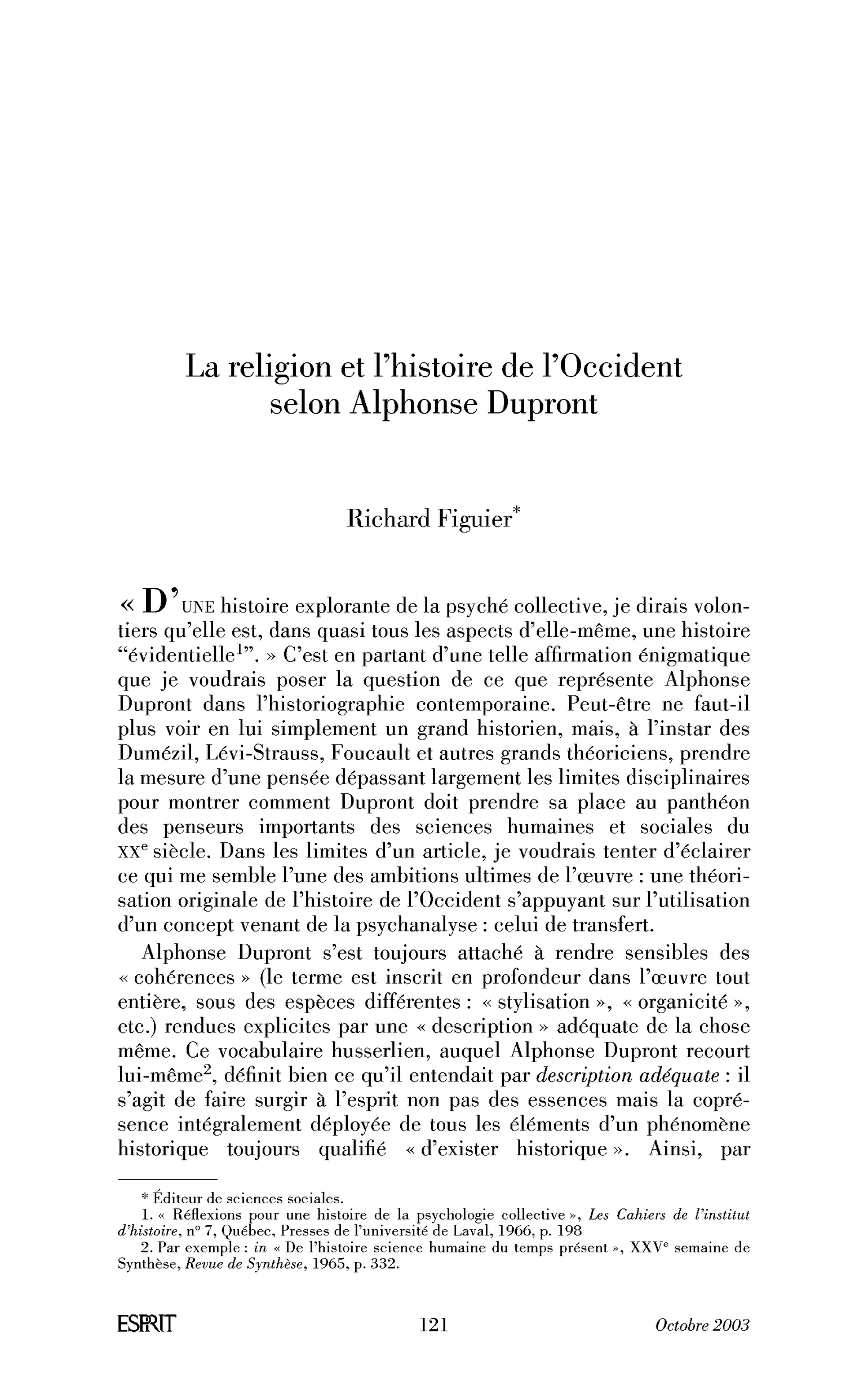La religion et l’histoire de l’Occident selon Alphonse Dupront