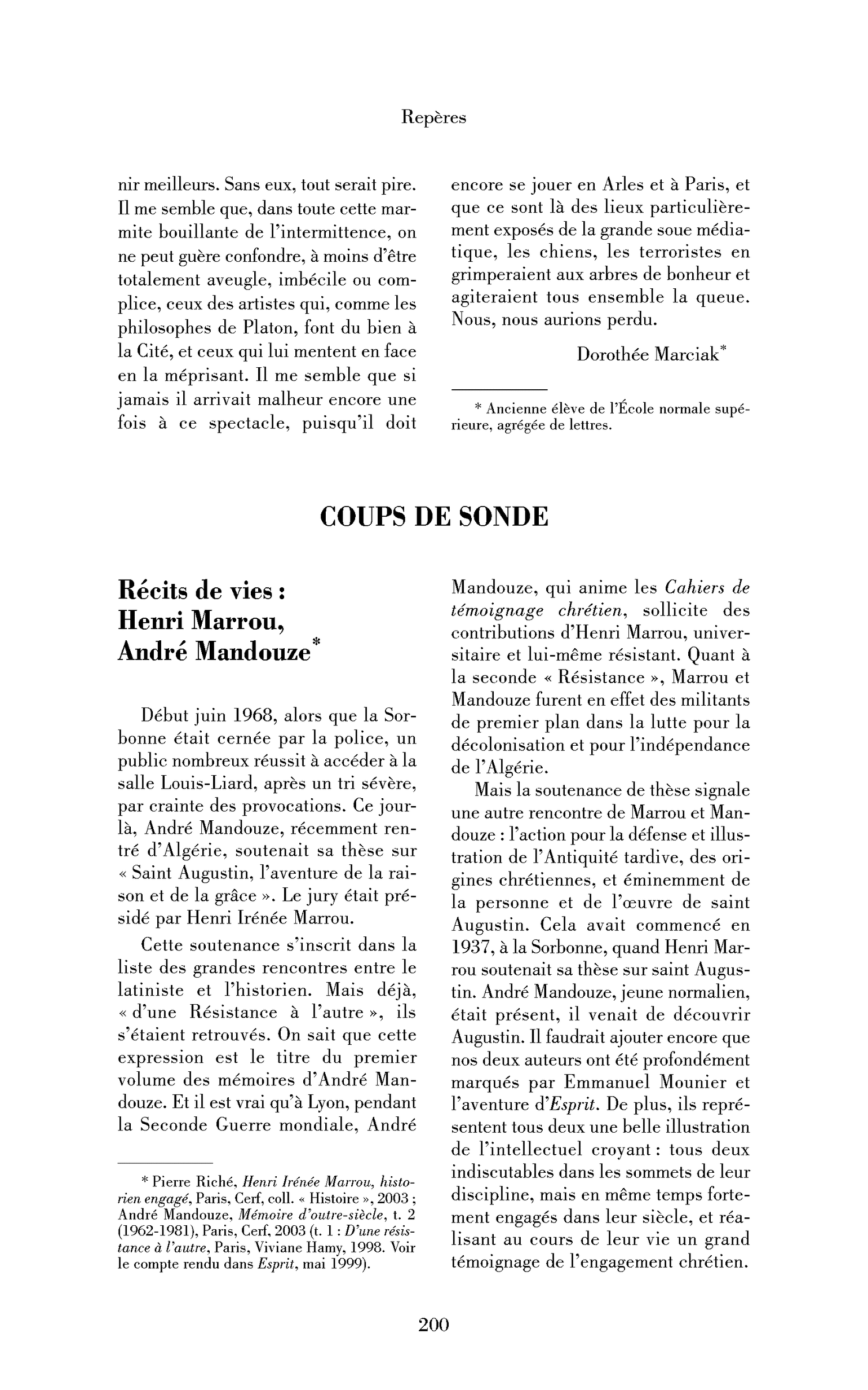 Récits de vie : Henri Marrou, André Mandouze