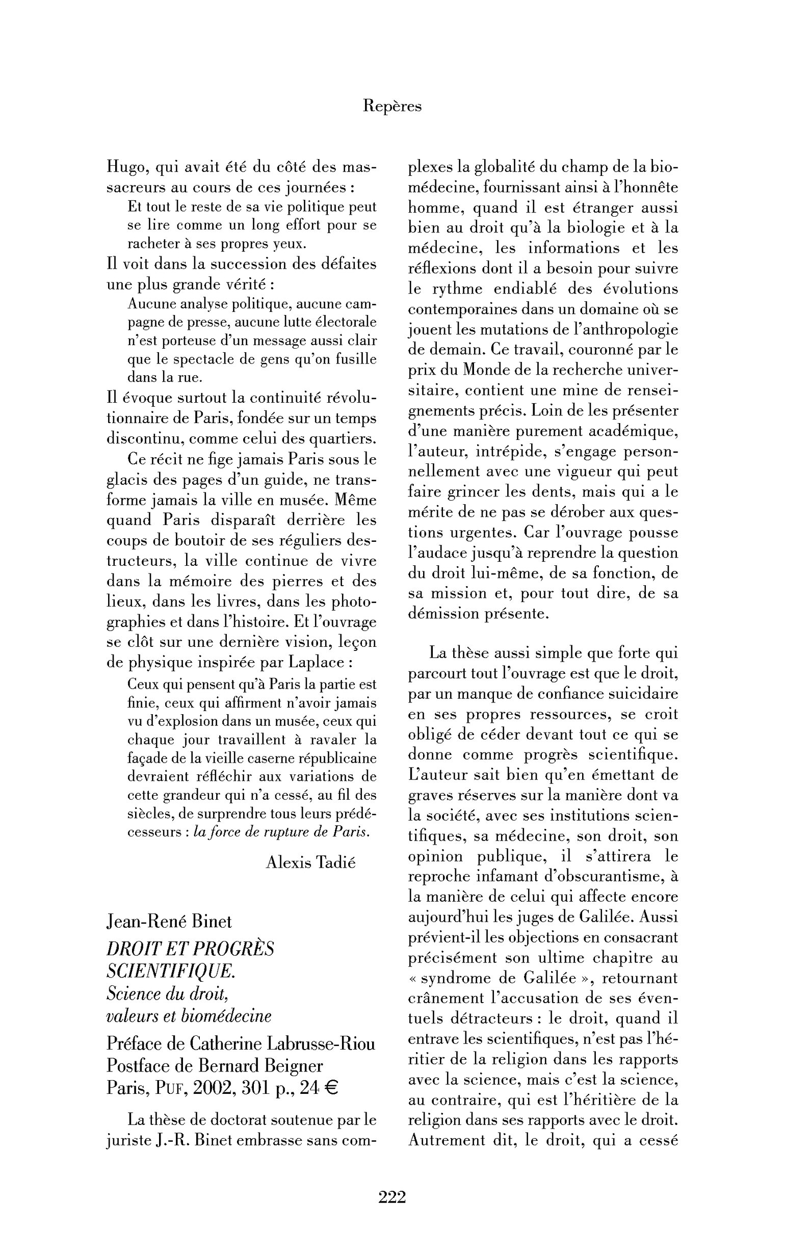 Jean-René Binet: Droit et progrès scientifique. Science du droit, valeurs et biomédecine
