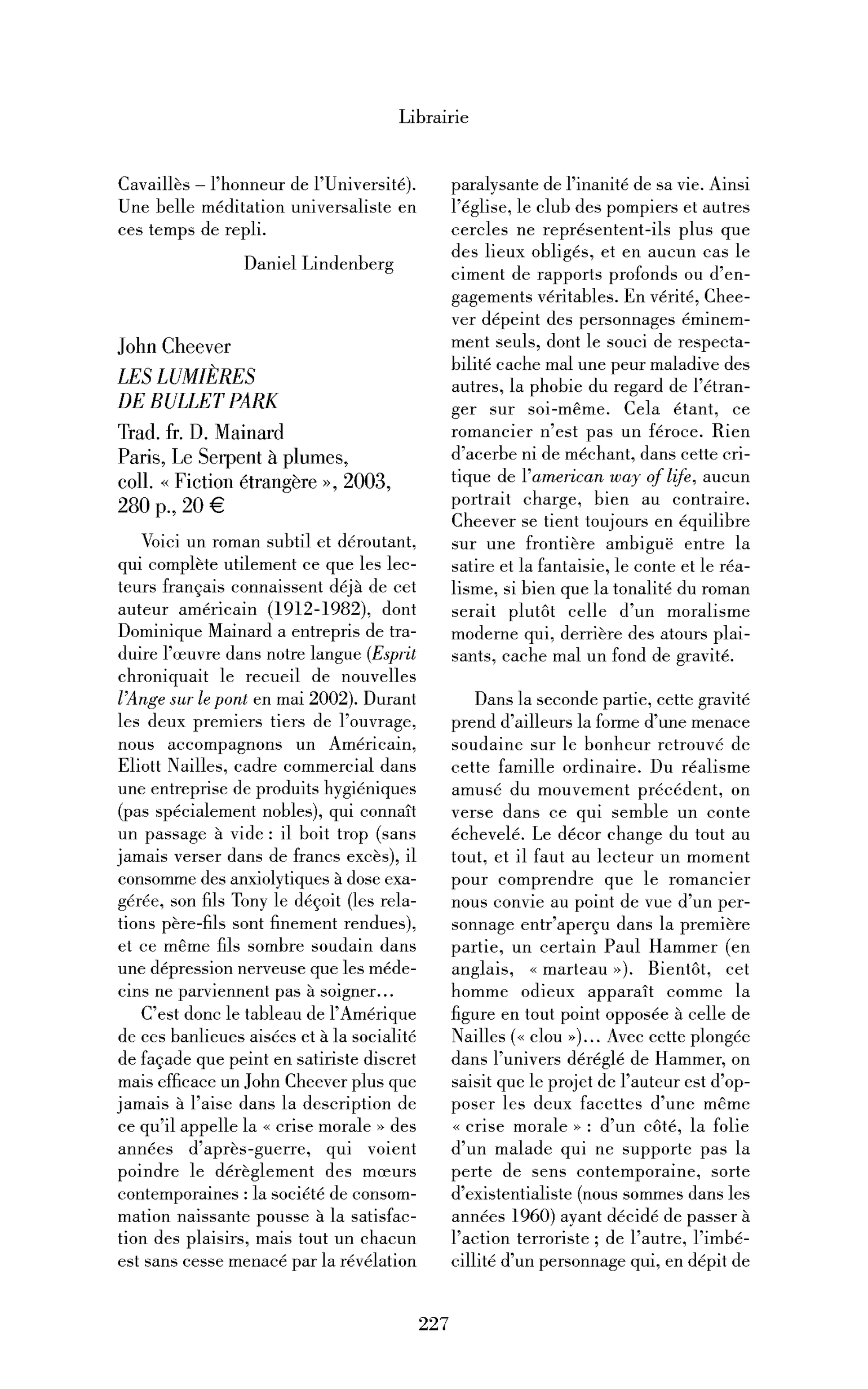 John Cheever: les Lumières de Bullet Park
