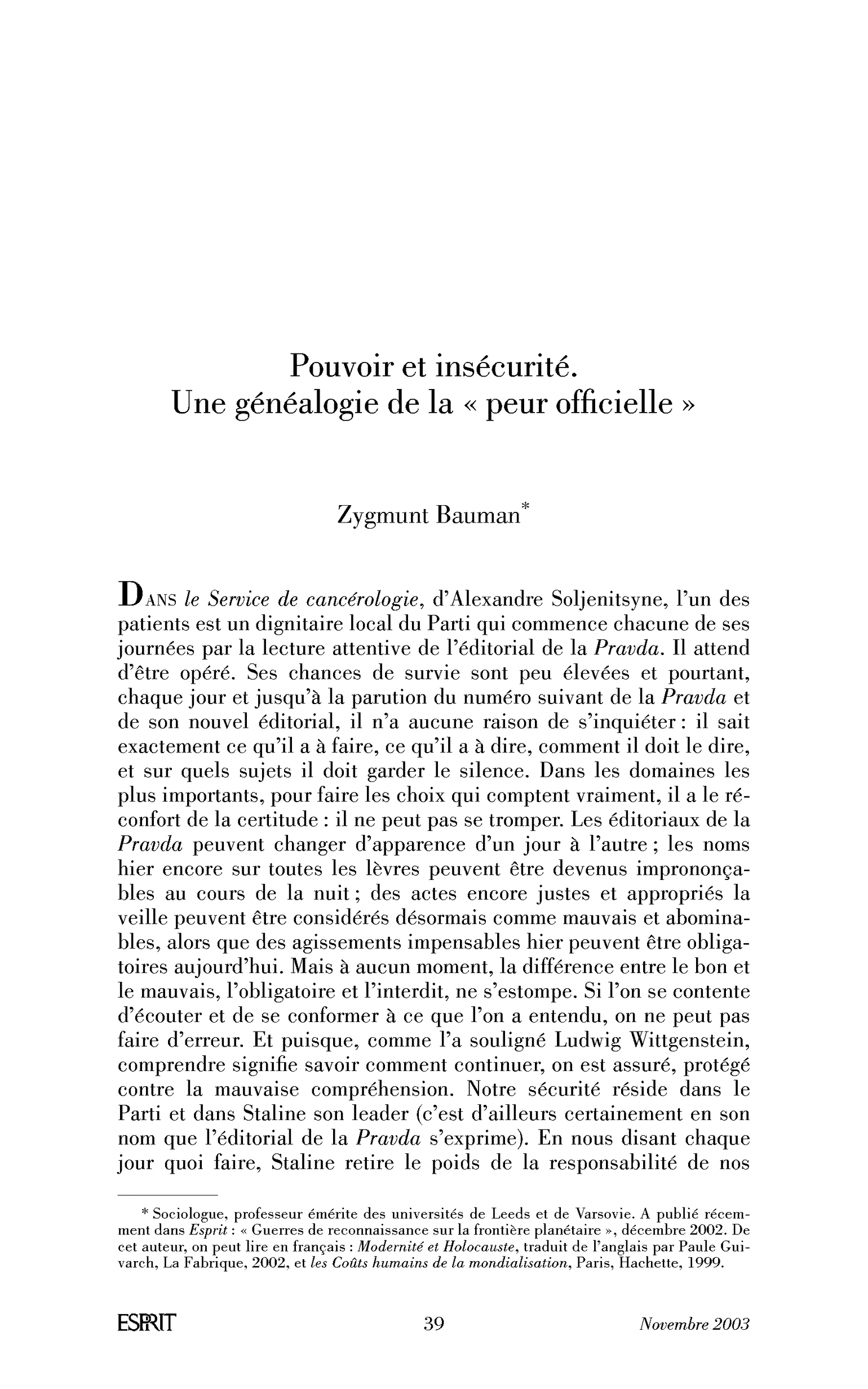 Pouvoir et insécurité. Une généalogie de la « peur officielle »