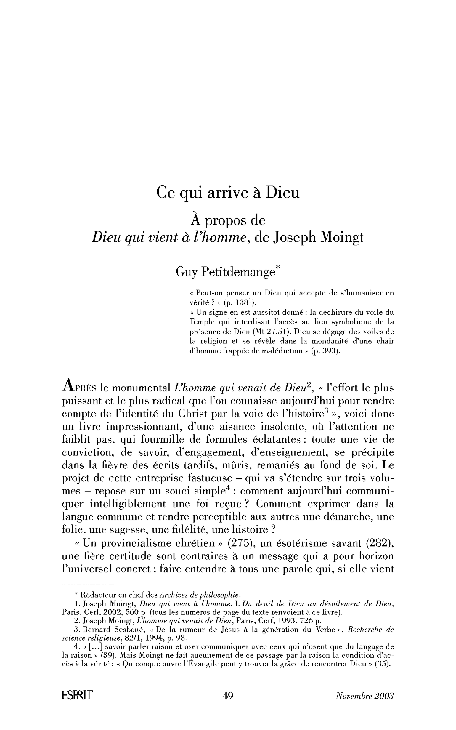 Ce qui arrive à Dieu. À propos de Dieu qui vient à l’homme de Joseph Moingt