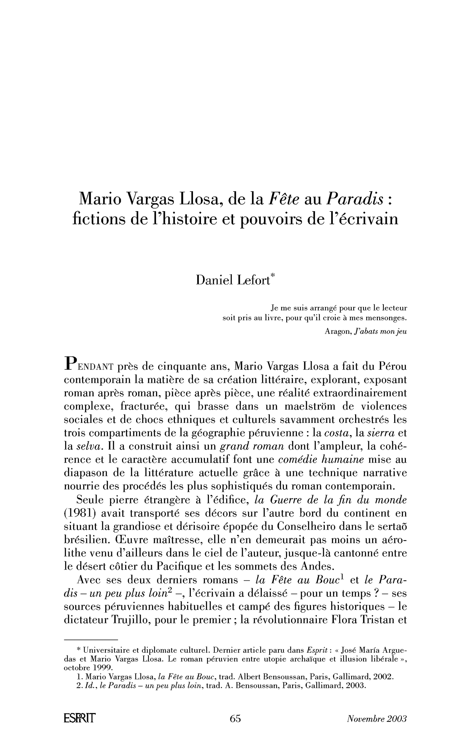 Mario Vargas Llosa, de la Fête au Paradis : fictions de l’histoire et pouvoirs de l’écrivain