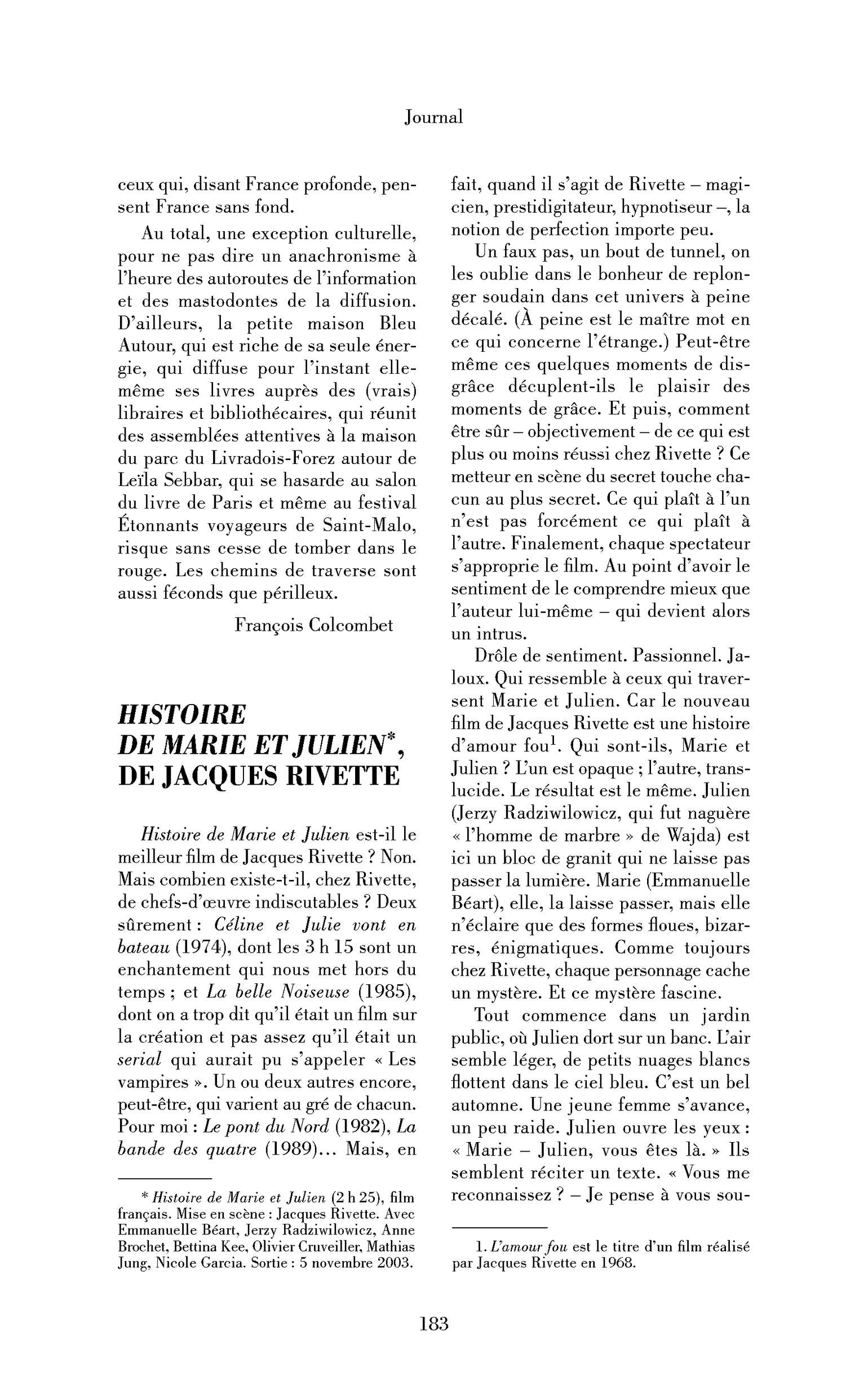 Histoire de Marie et Julien, de Jacques Rivette