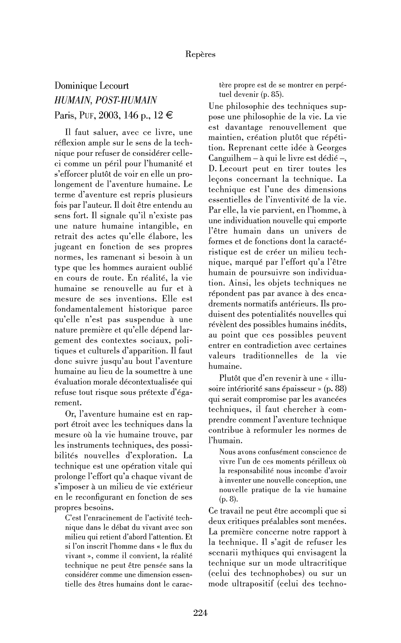 Dominique Lecourt: Humain, Post-humain