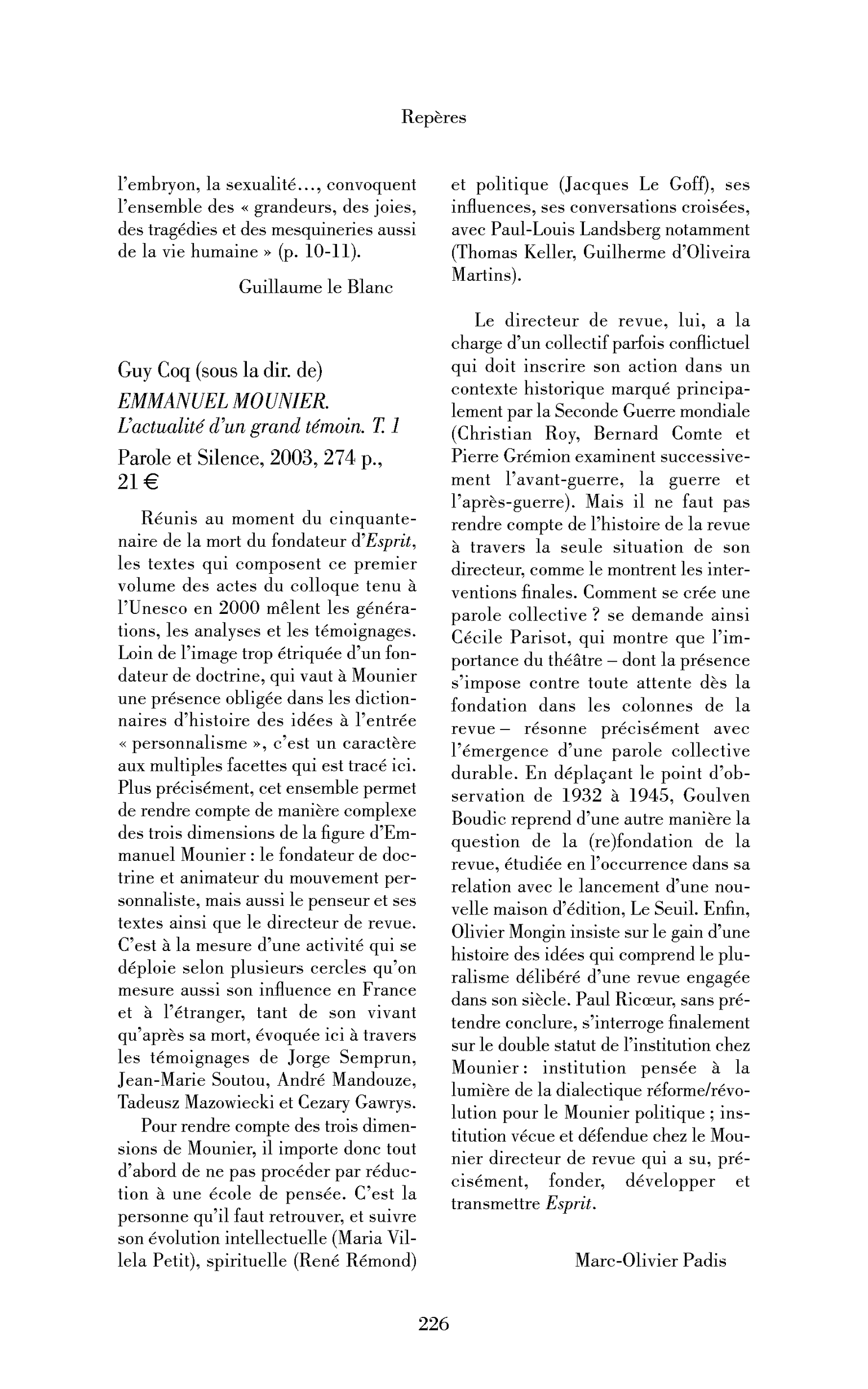 Guy Coq (sous la dir. de): Emmanuel Mounier. L’actualité d’un grand témoin. T. 1