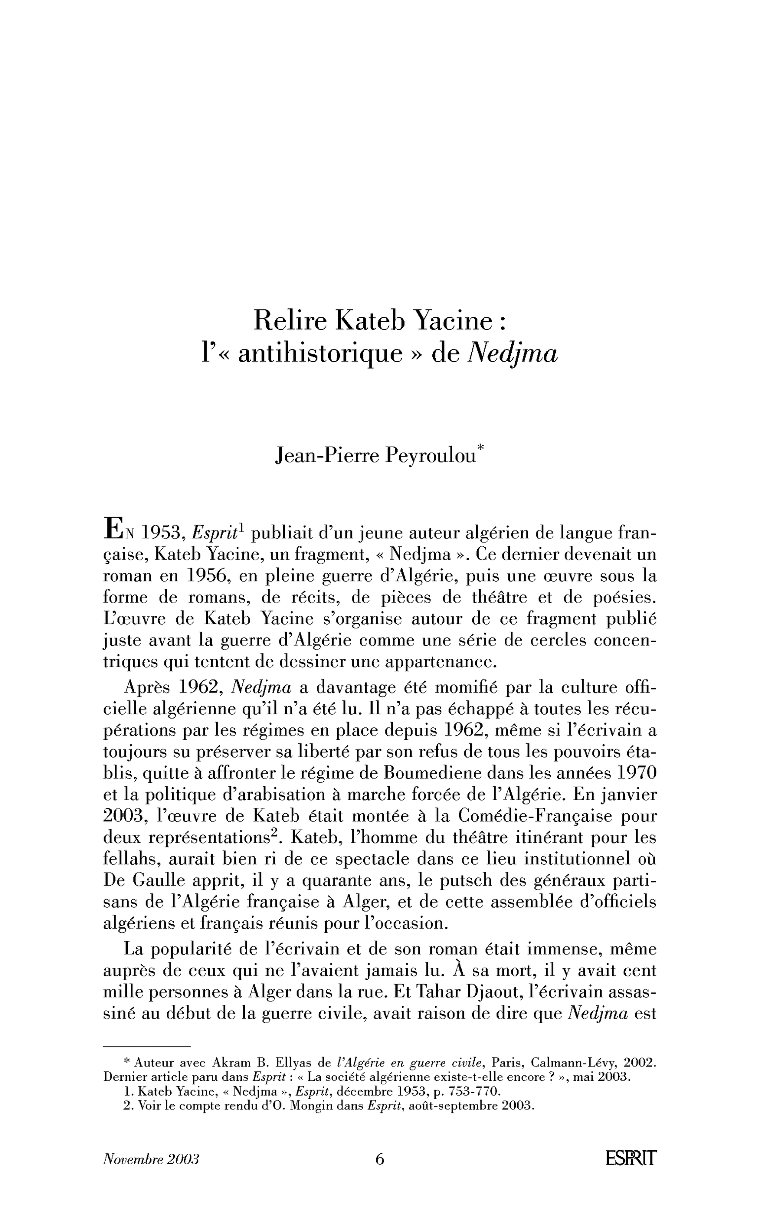 Relire Kateb Yacine : l’antihistorique de Nedjma