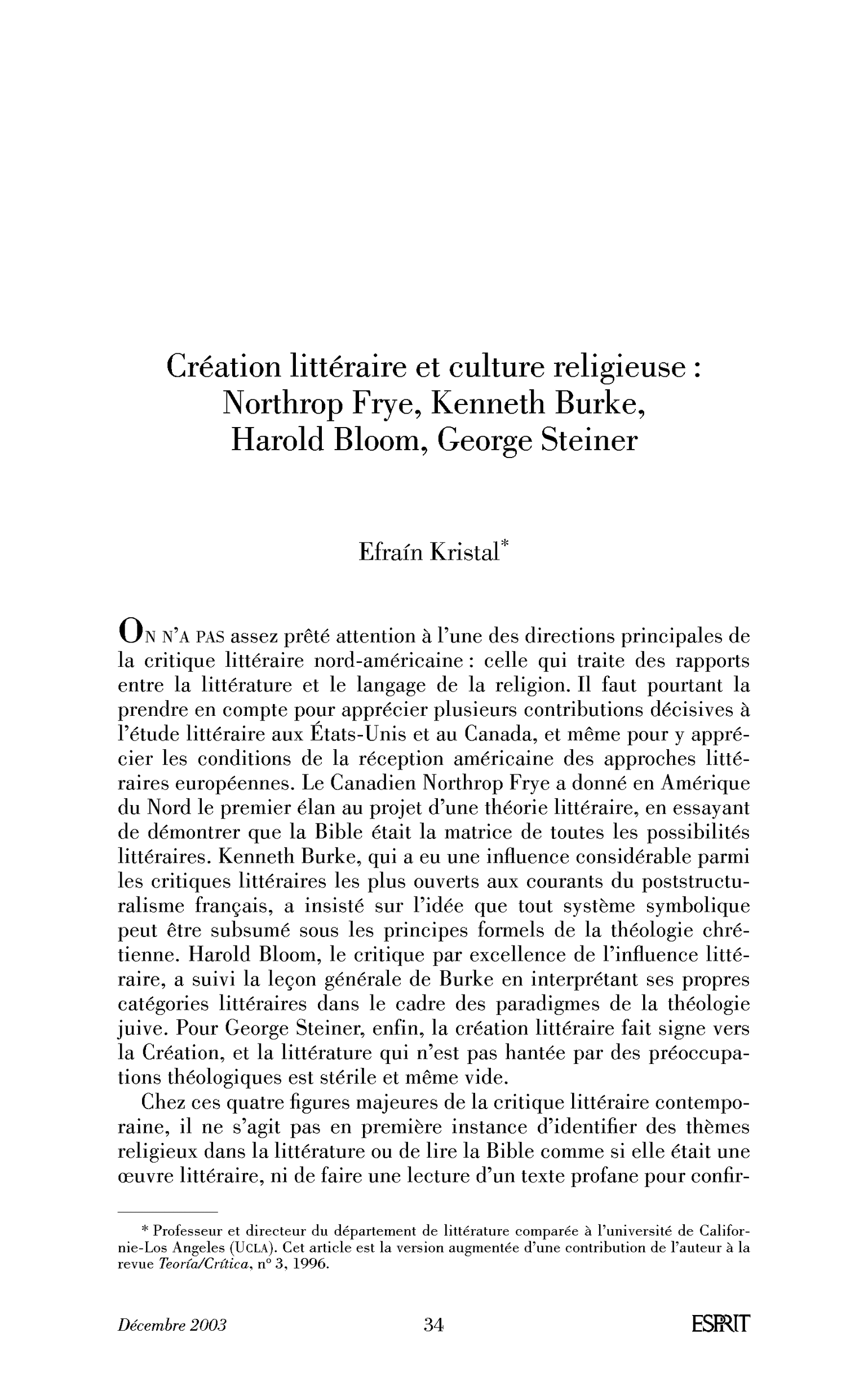 Création littéraire et culture religieuse : Northrop Frye, Kenneth Burke, Harold Bloom et George Steiner