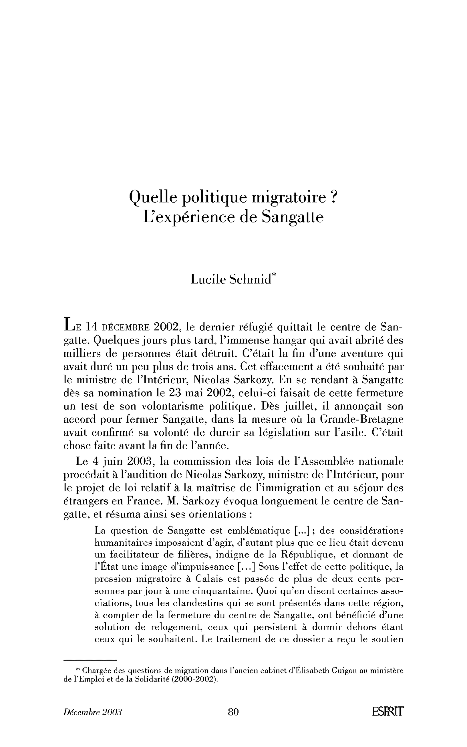 Quelle politique migratoire ? L’expérience de Sangatte
