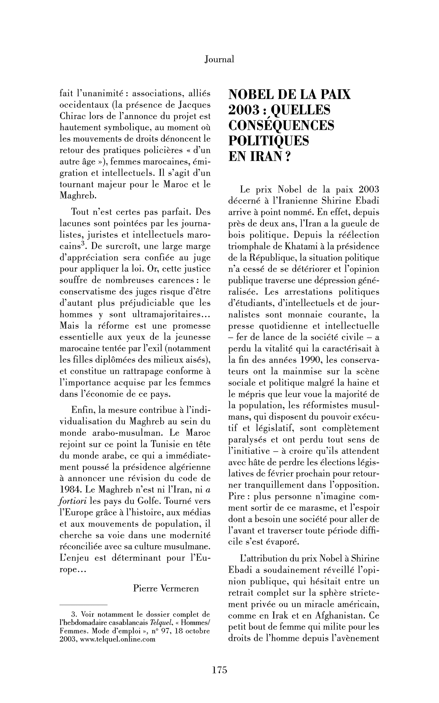 Nobel de la paix 2003: quelles conséquences politiques en Iran?