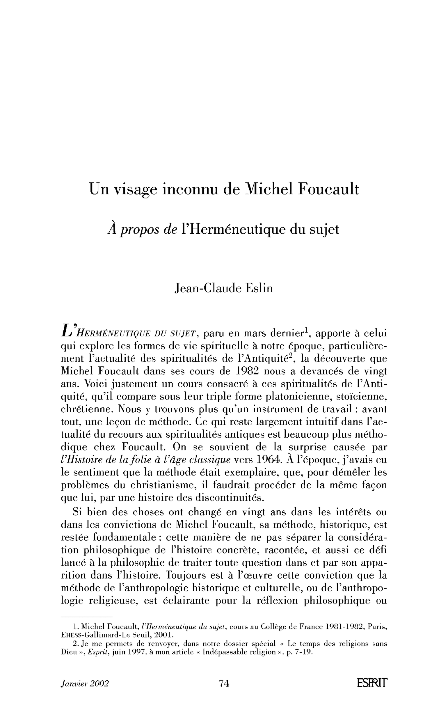 Un visage inconnu de Michel Foucault. À propos de l’Herméneutique du sujet