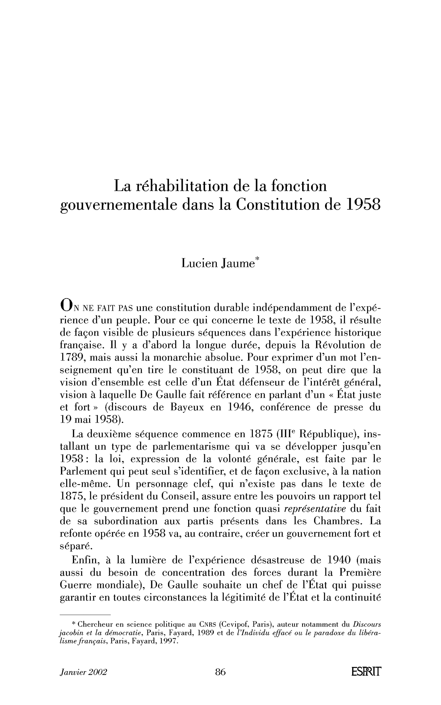 La réhabilitation de la fonction gouvernementale dans la Constitution de 1958