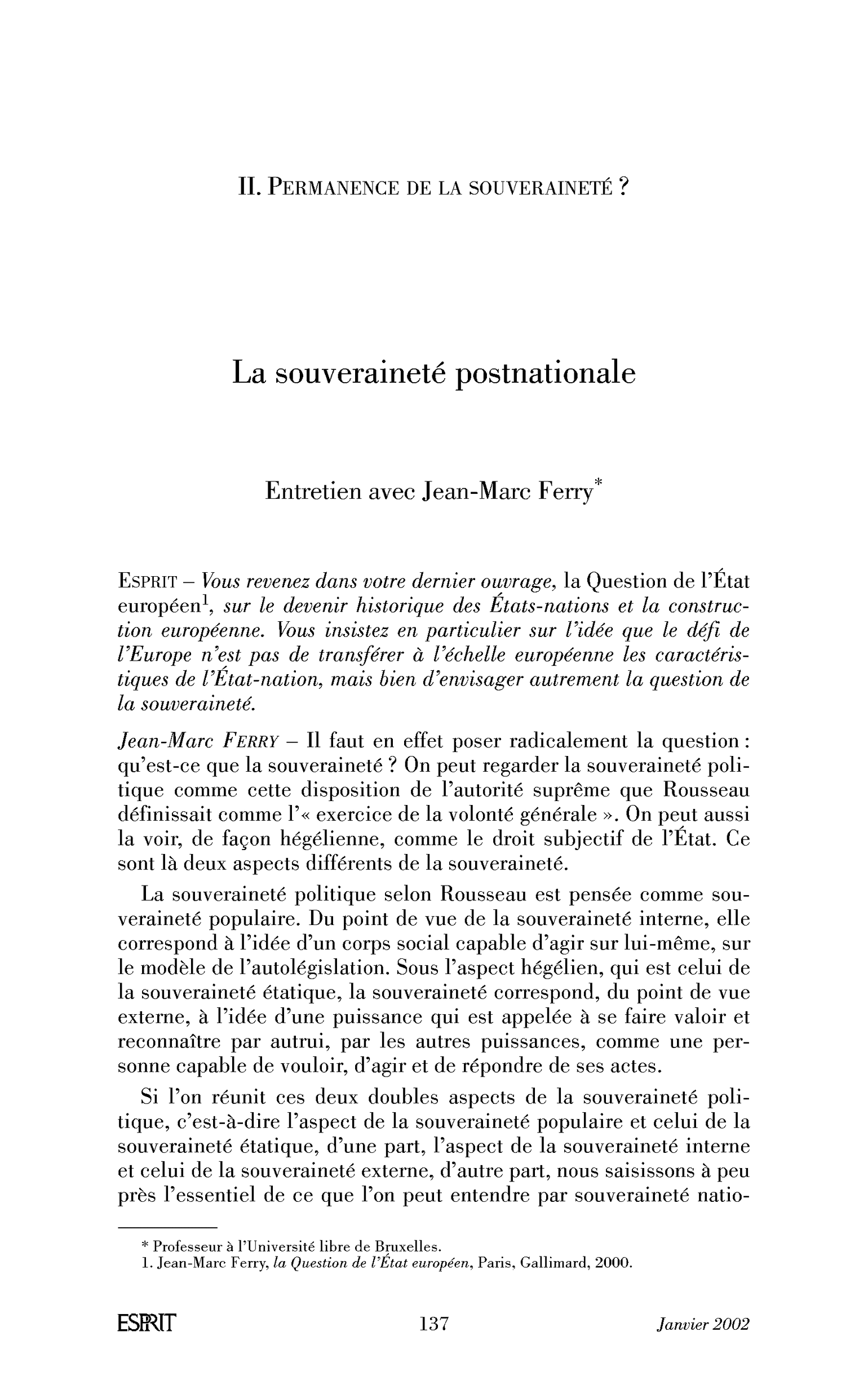 La souveraineté postnationale. (Entretien)