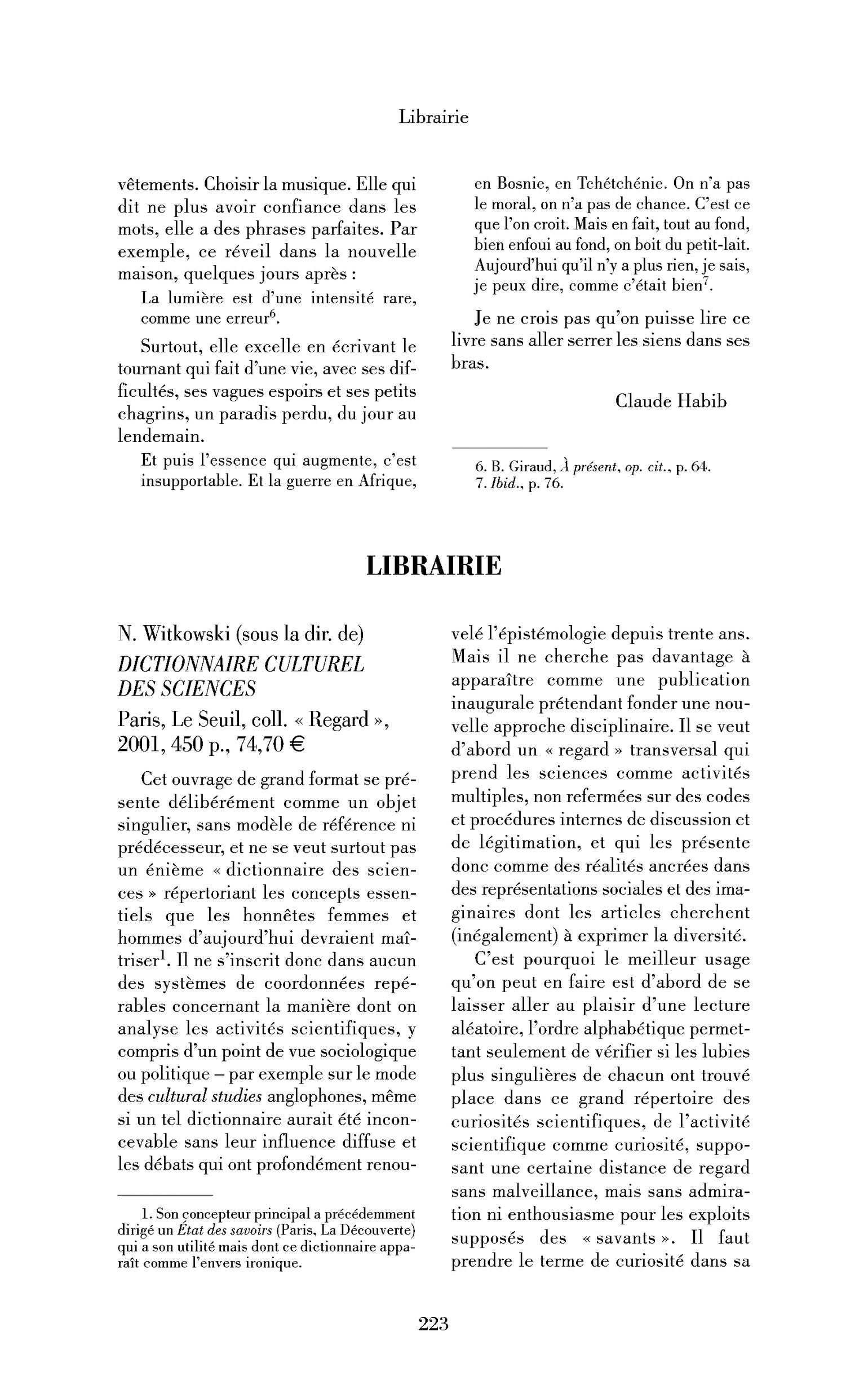 N. Witkowski (sous la dir. de): Dictionnaire culturel des sciences