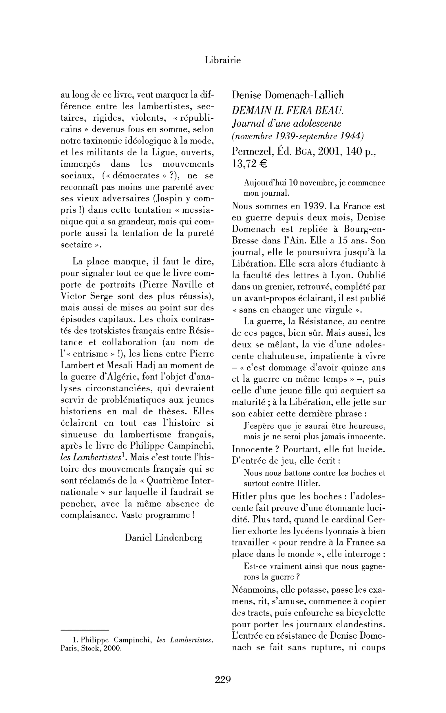 Denise Domenach-Lallich: Demain il fera beau. Journal d’une adolescente (novembre 1939-septembre 1944)