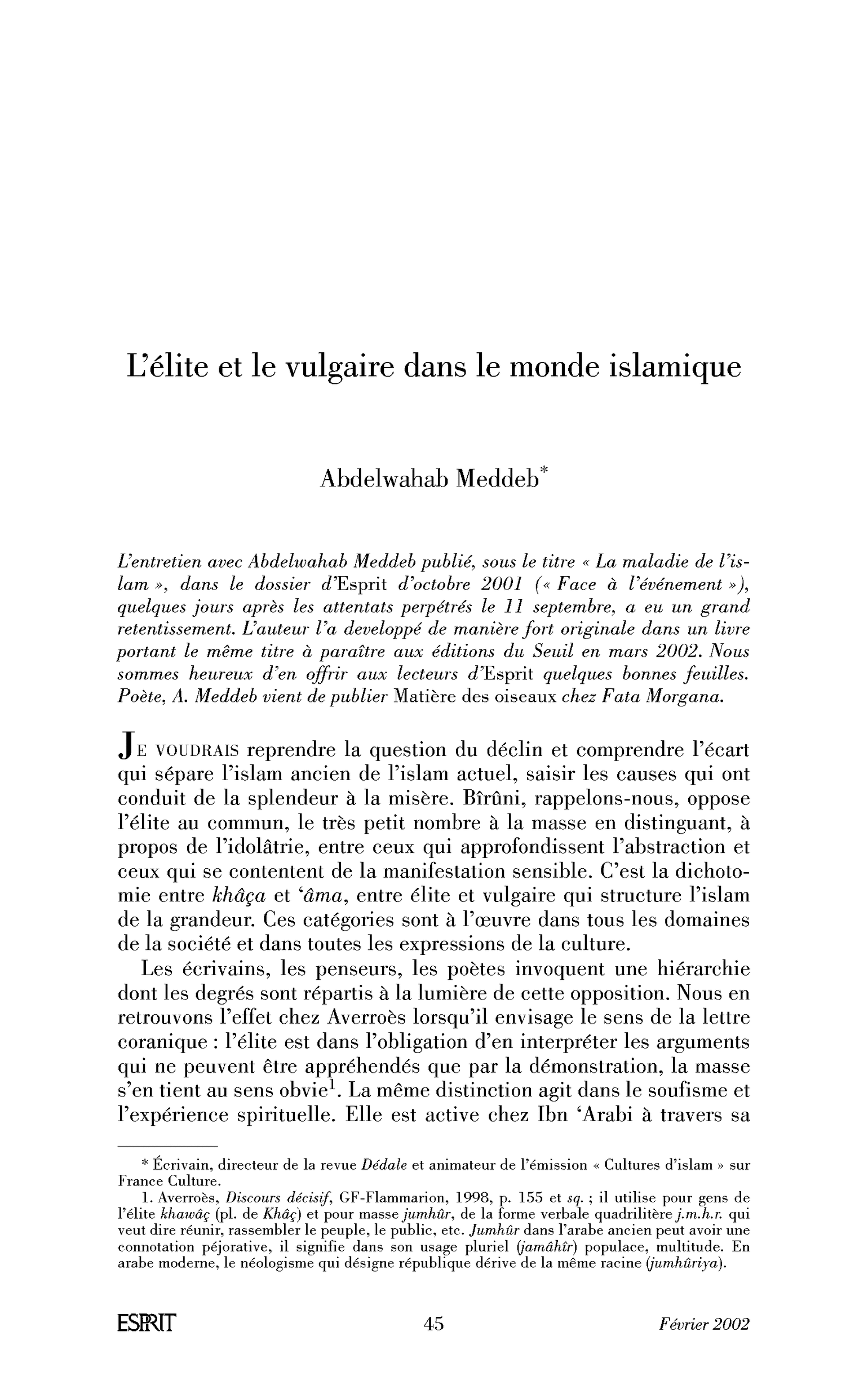 L’élite et le vulgaire dans le monde islamique