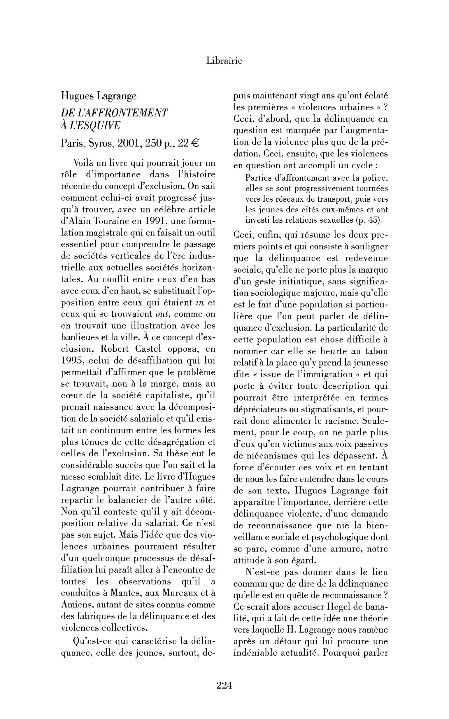 Hugues Lagrange: De l’affrontement à l’esquive