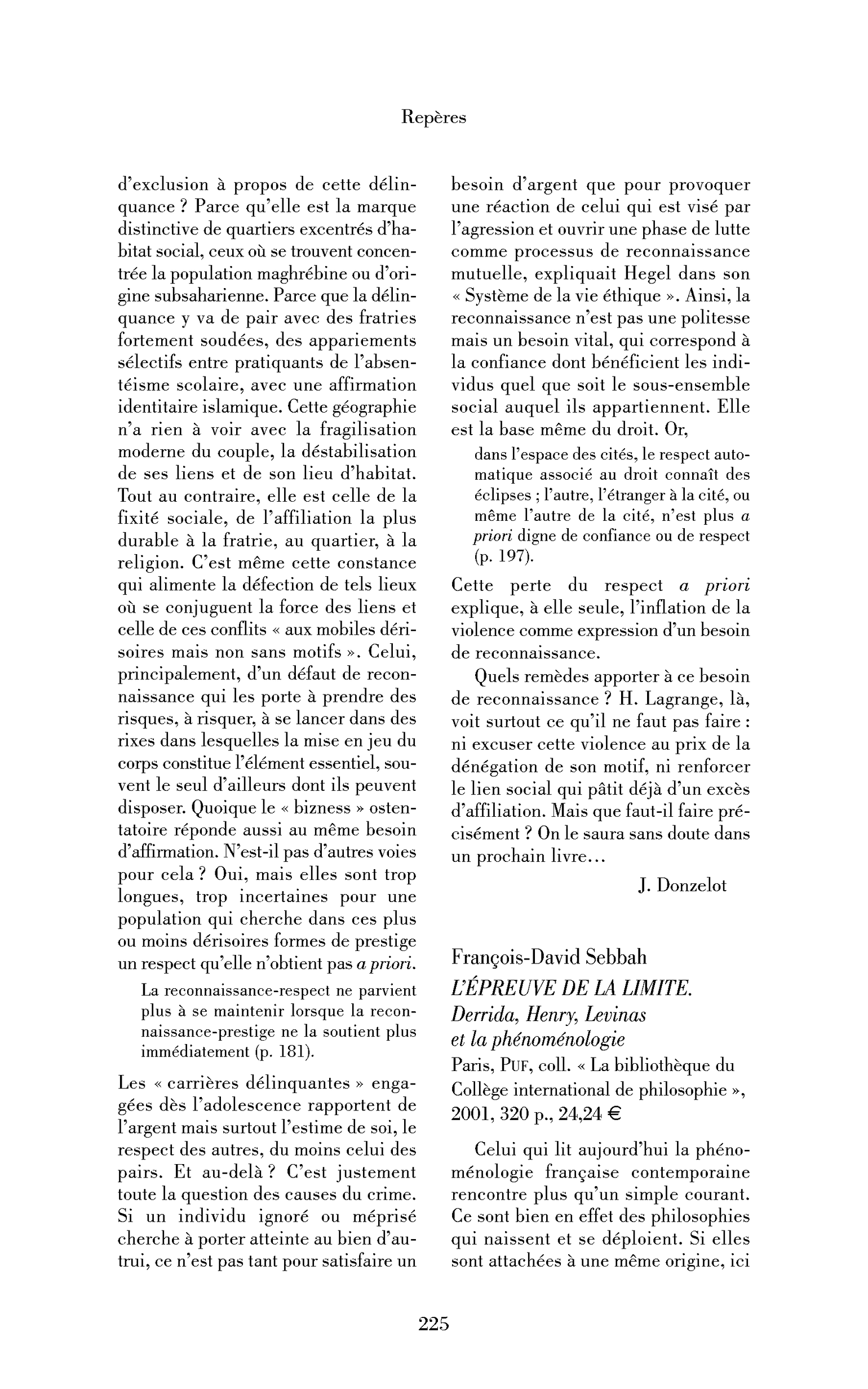 François-David Sebbah: L’épreuve de la limite. Derrida, Henry, Levinas et la phénoménologie