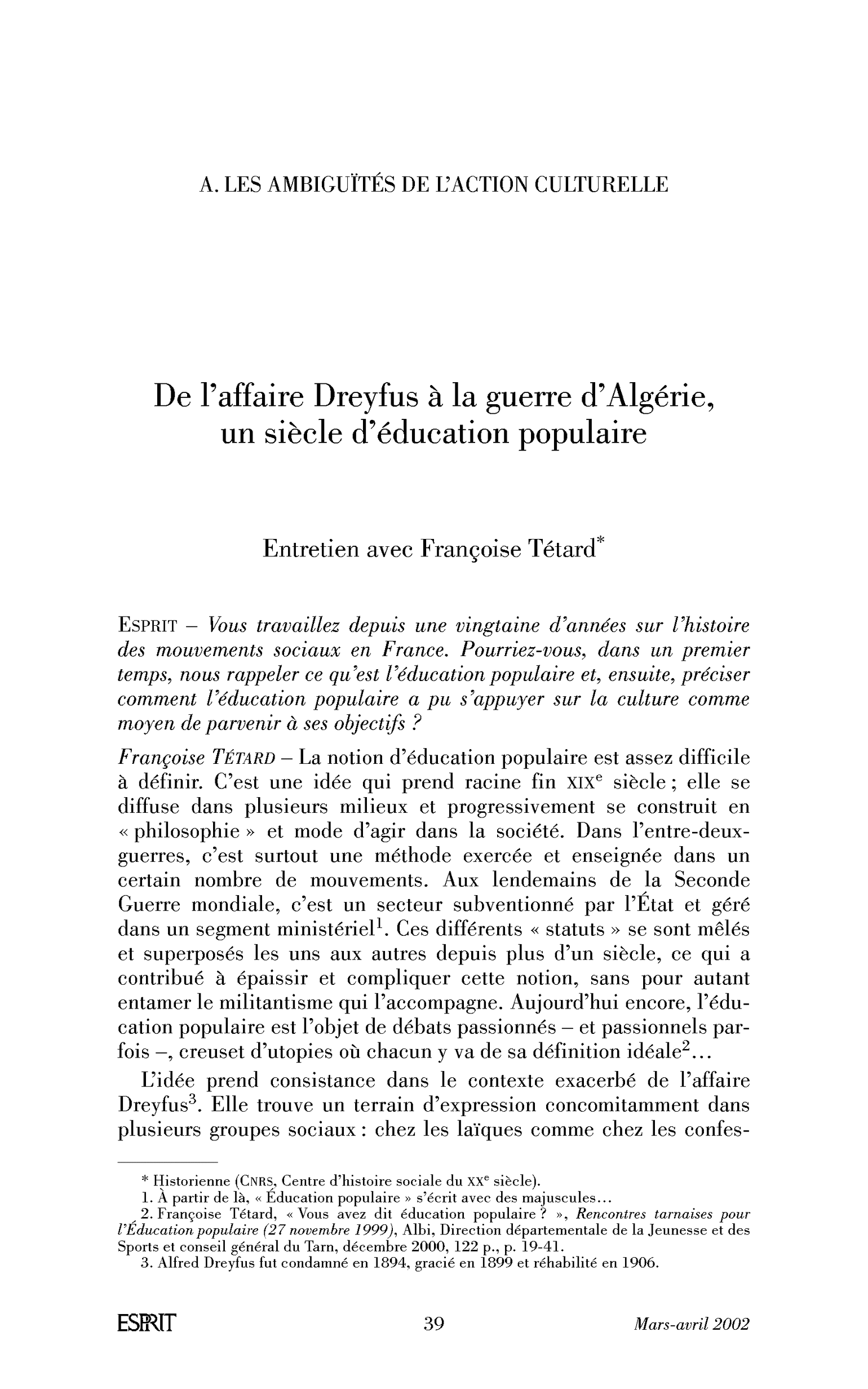 De l’affaire Dreyfus à la guerre d’Algérie, un siècle d’éducation populaire. (Entretien)