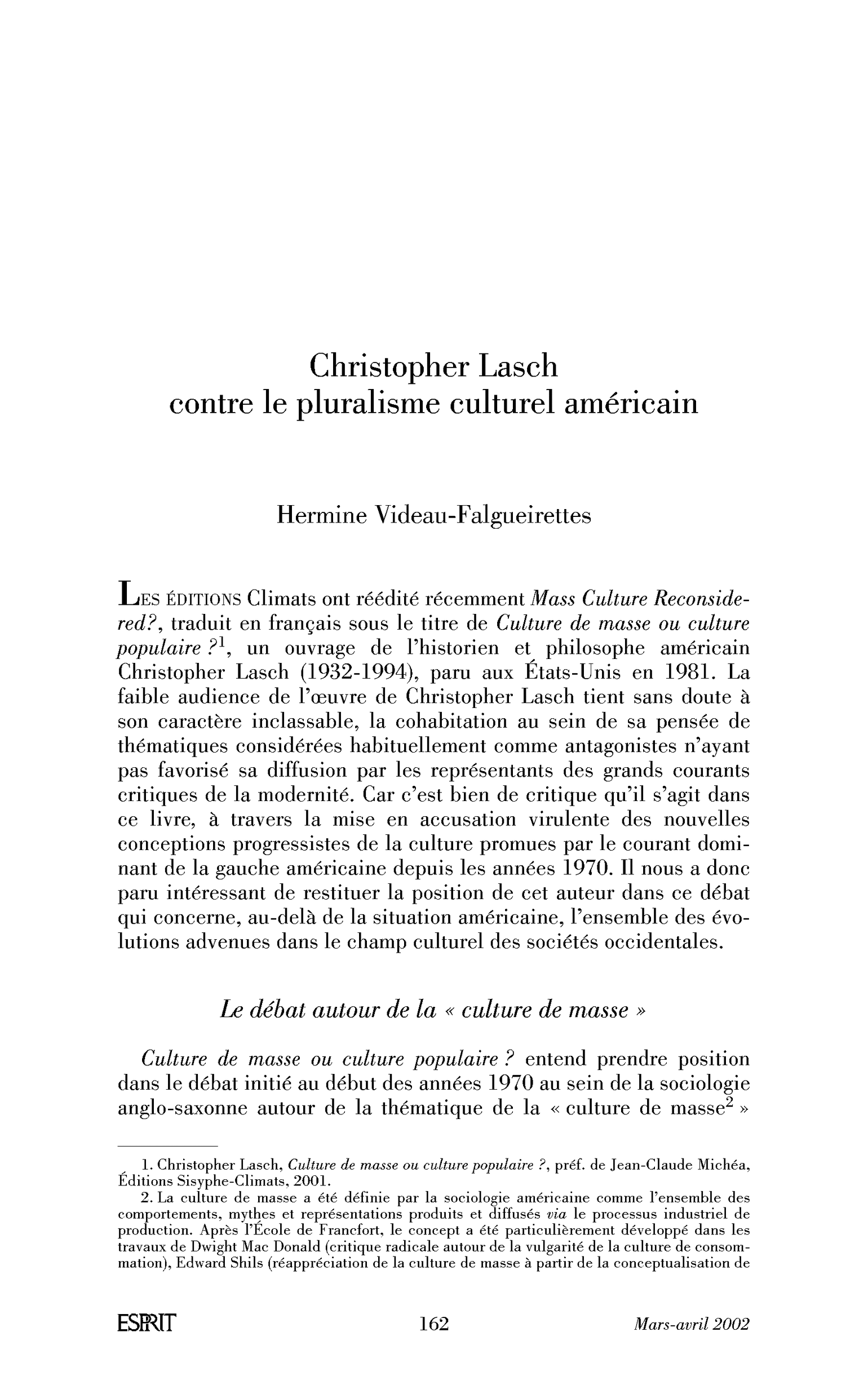 Christopher Lasch contre le pluralisme culturel américain