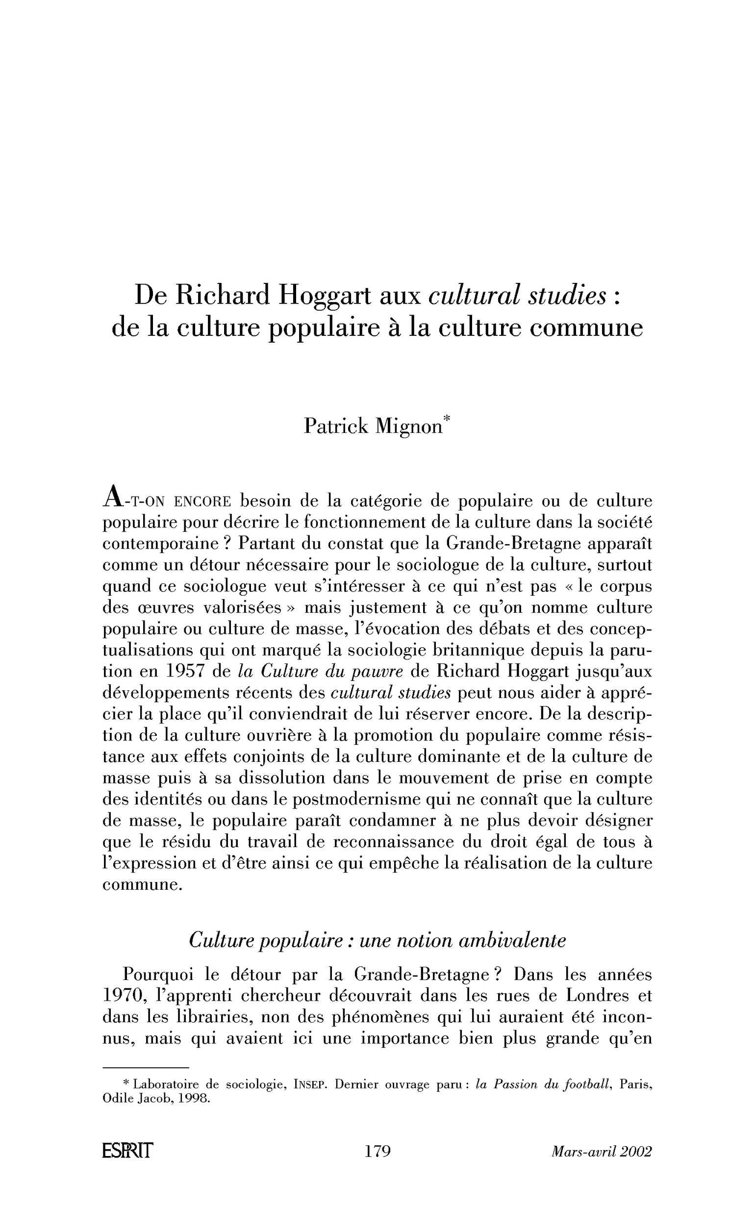 De Richard Hoggart aux cultural studies: de la culture populaire à la culture commune