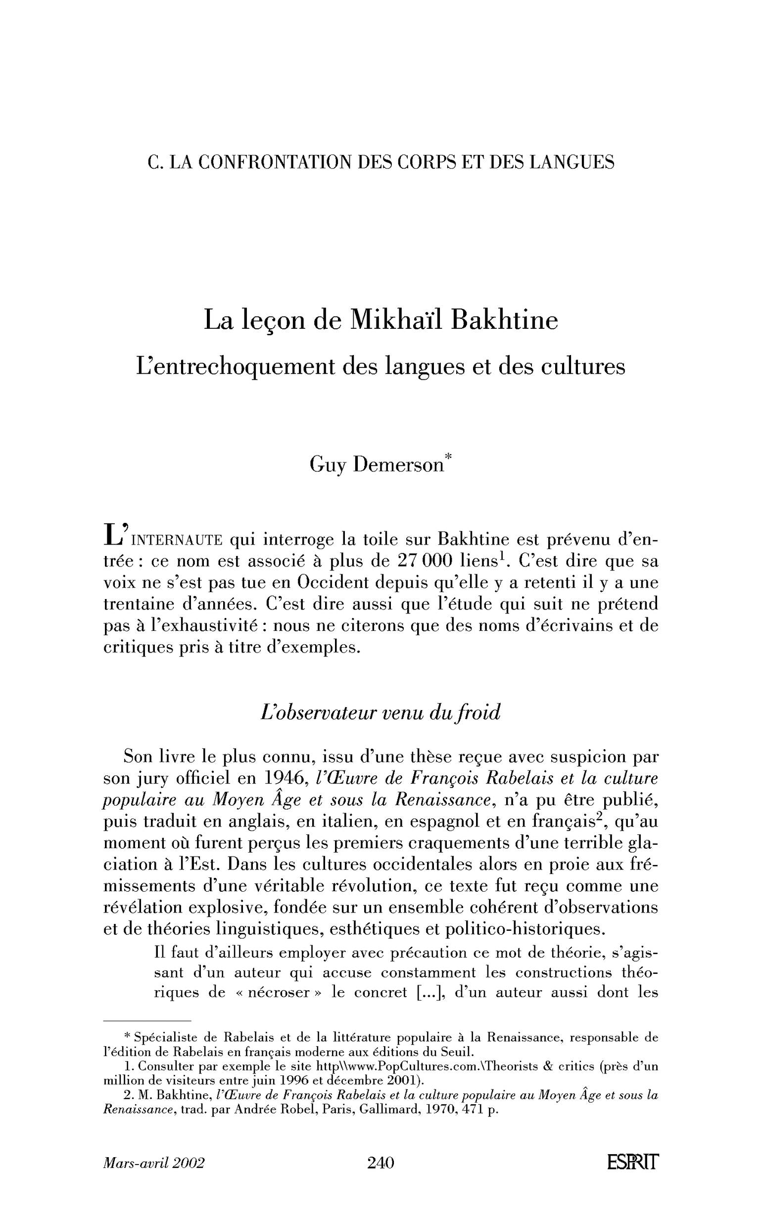 La leçon de Mikhaïl Bakhtine. L’entrechoquement des langues et des cultures